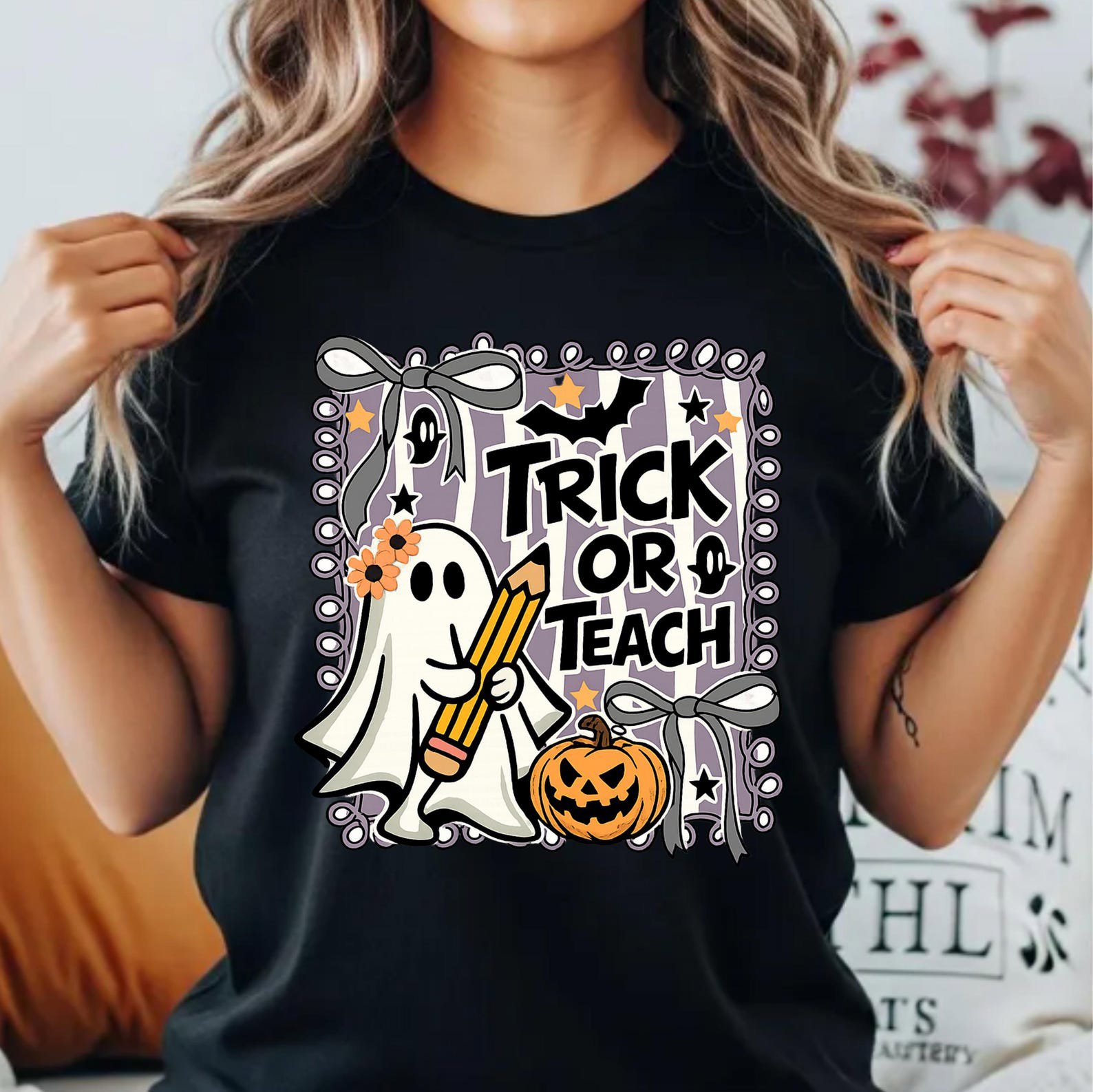 Matching Trick Or Teach Halloween Sweatshirt Pack, Pencil Ghost Pumkin Shirt For School Teachers 7
