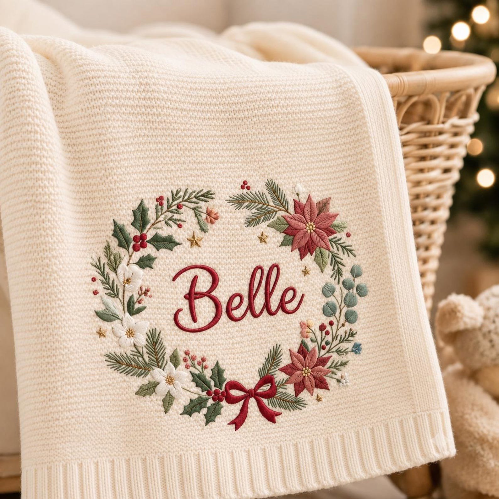 Personalized Christmas Baby Blanket, Embroidered Name Wreath Blanket, Poinsettia Holiday Keepsake, Newborn Christmas Gift, Nursery Decor 1