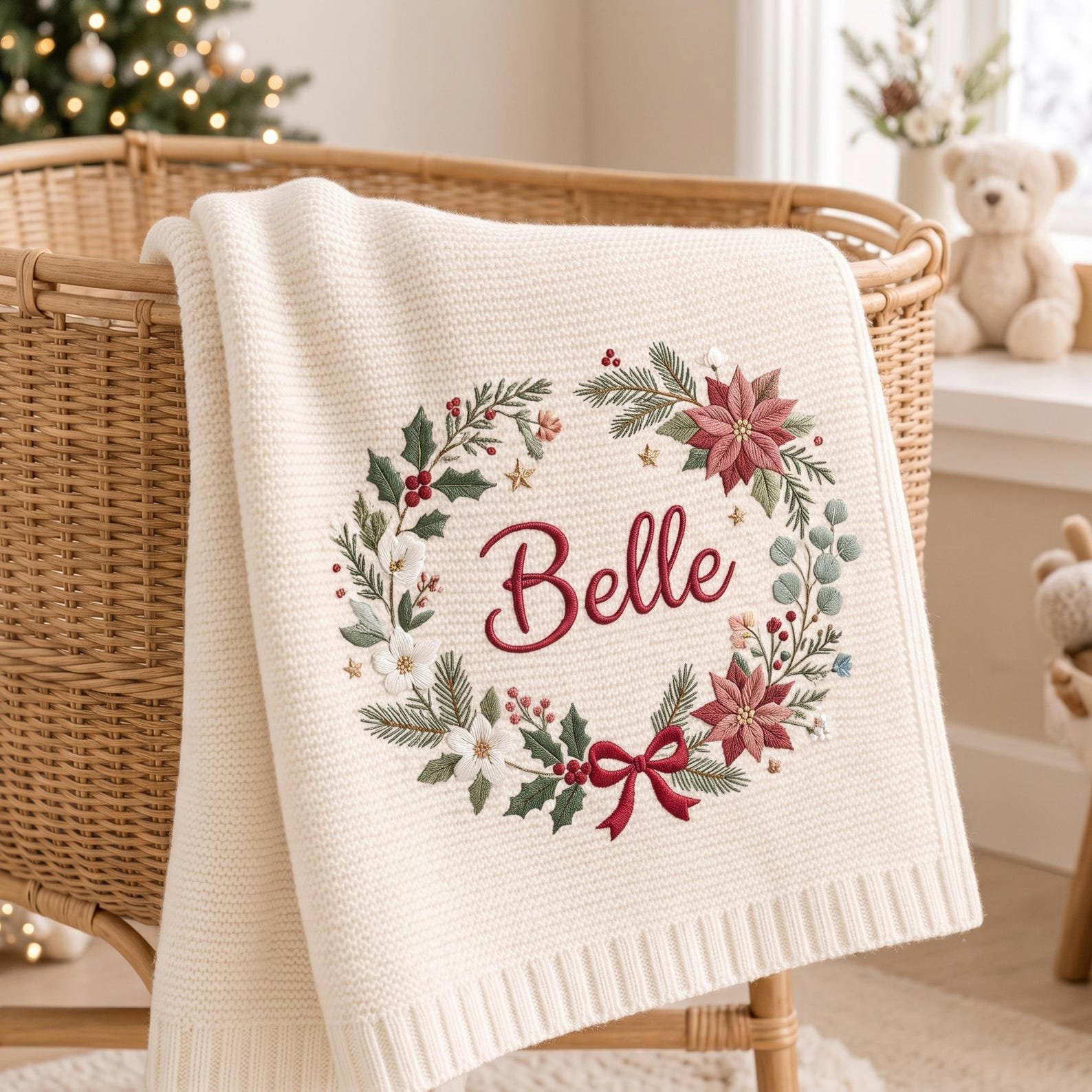 Personalized Christmas Baby Blanket, Embroidered Name Wreath Blanket, Poinsettia Holiday Keepsake, Newborn Christmas Gift, Nursery Decor 2
