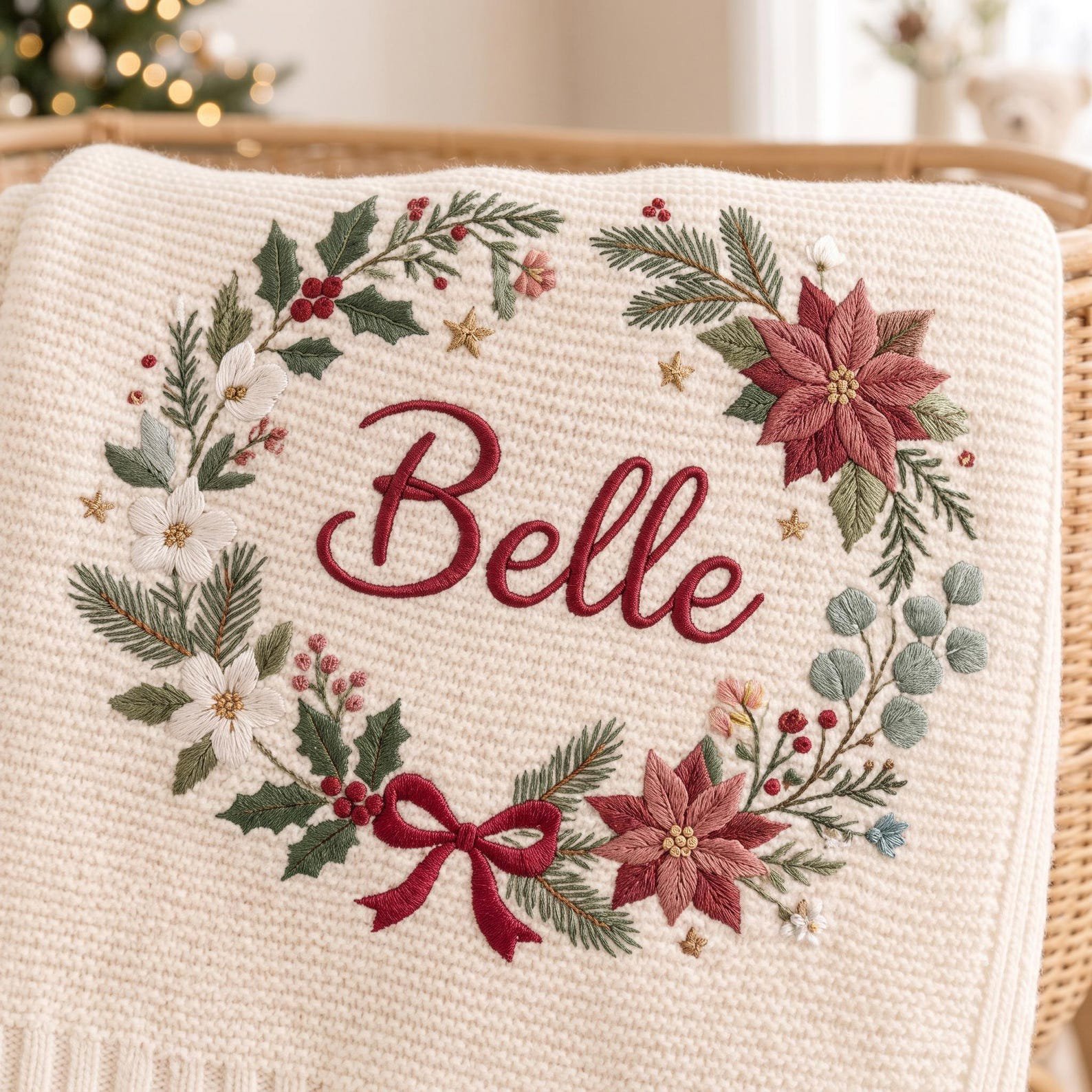 Personalized Christmas Baby Blanket, Embroidered Name Wreath Blanket, Poinsettia Holiday Keepsake, Newborn Christmas Gift, Nursery Decor 3