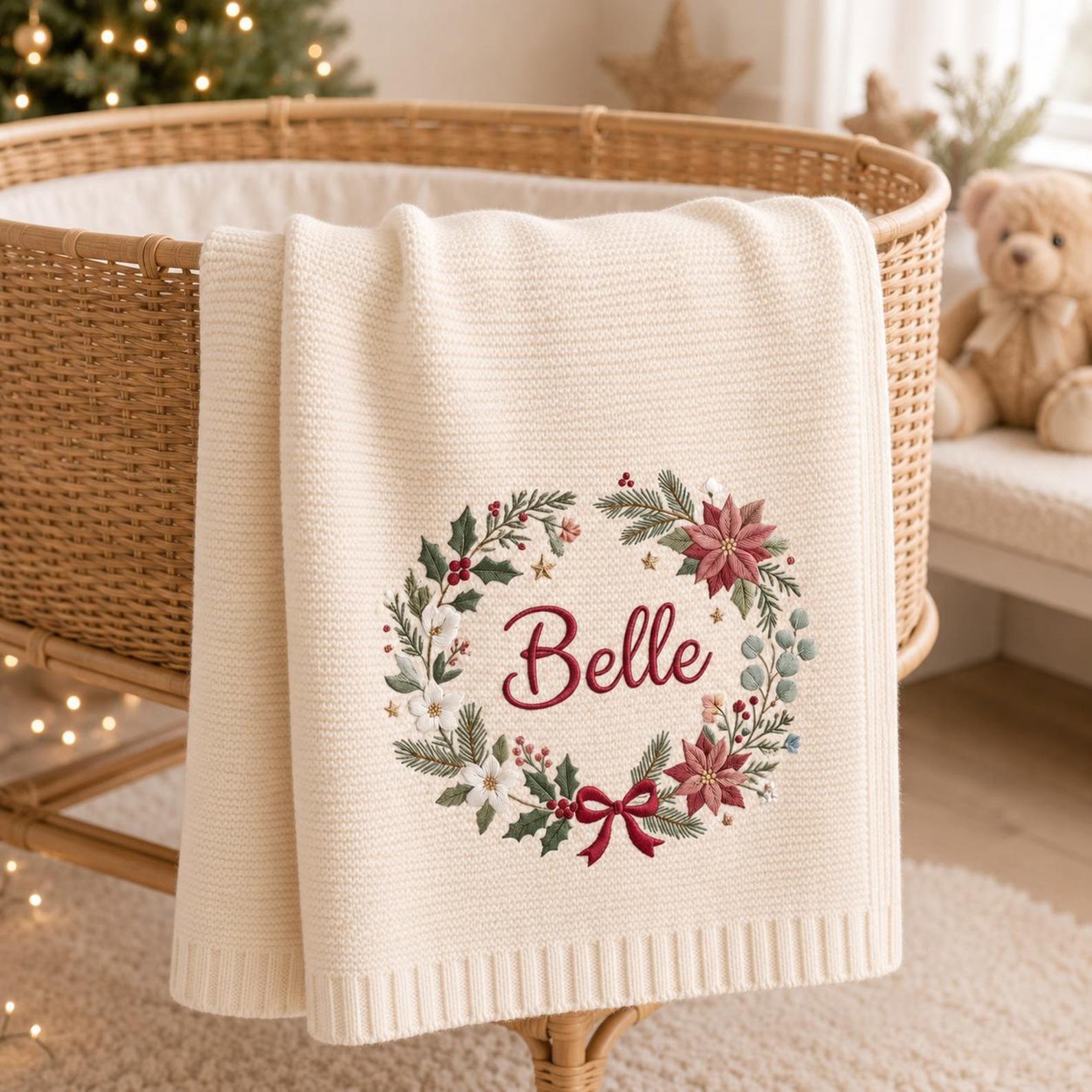 Personalized Christmas Baby Blanket, Embroidered Name Wreath Blanket, Poinsettia Holiday Keepsake, Newborn Christmas Gift, Nursery Decor 4