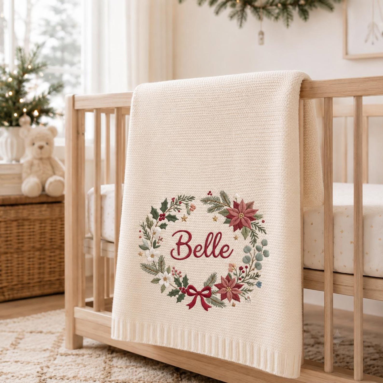 Personalized Christmas Baby Blanket, Embroidered Name Wreath Blanket, Poinsettia Holiday Keepsake, Newborn Christmas Gift, Nursery Decor 5