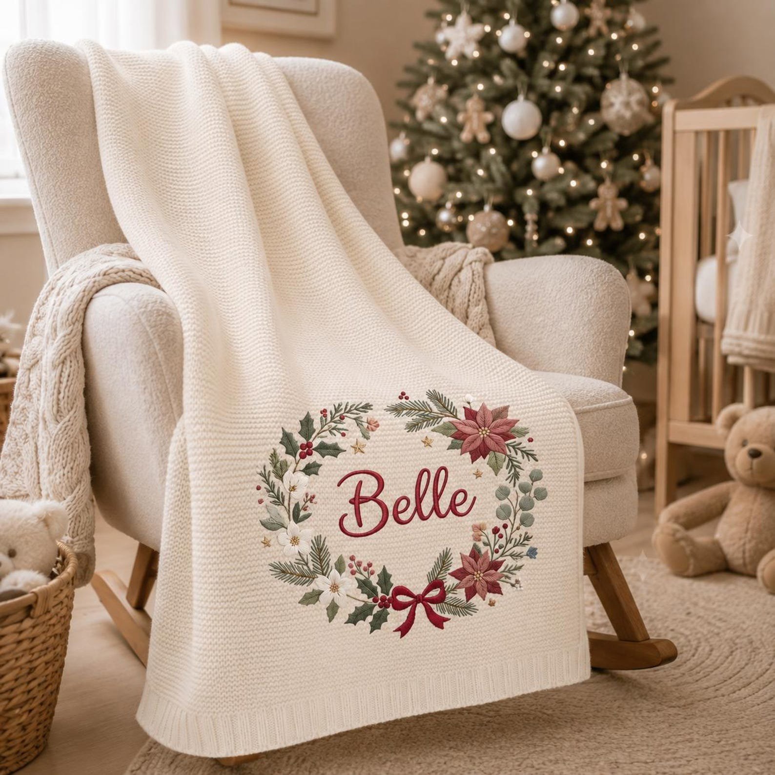 Personalized Christmas Baby Blanket, Embroidered Name Wreath Blanket, Poinsettia Holiday Keepsake, Newborn Christmas Gift, Nursery Decor 6