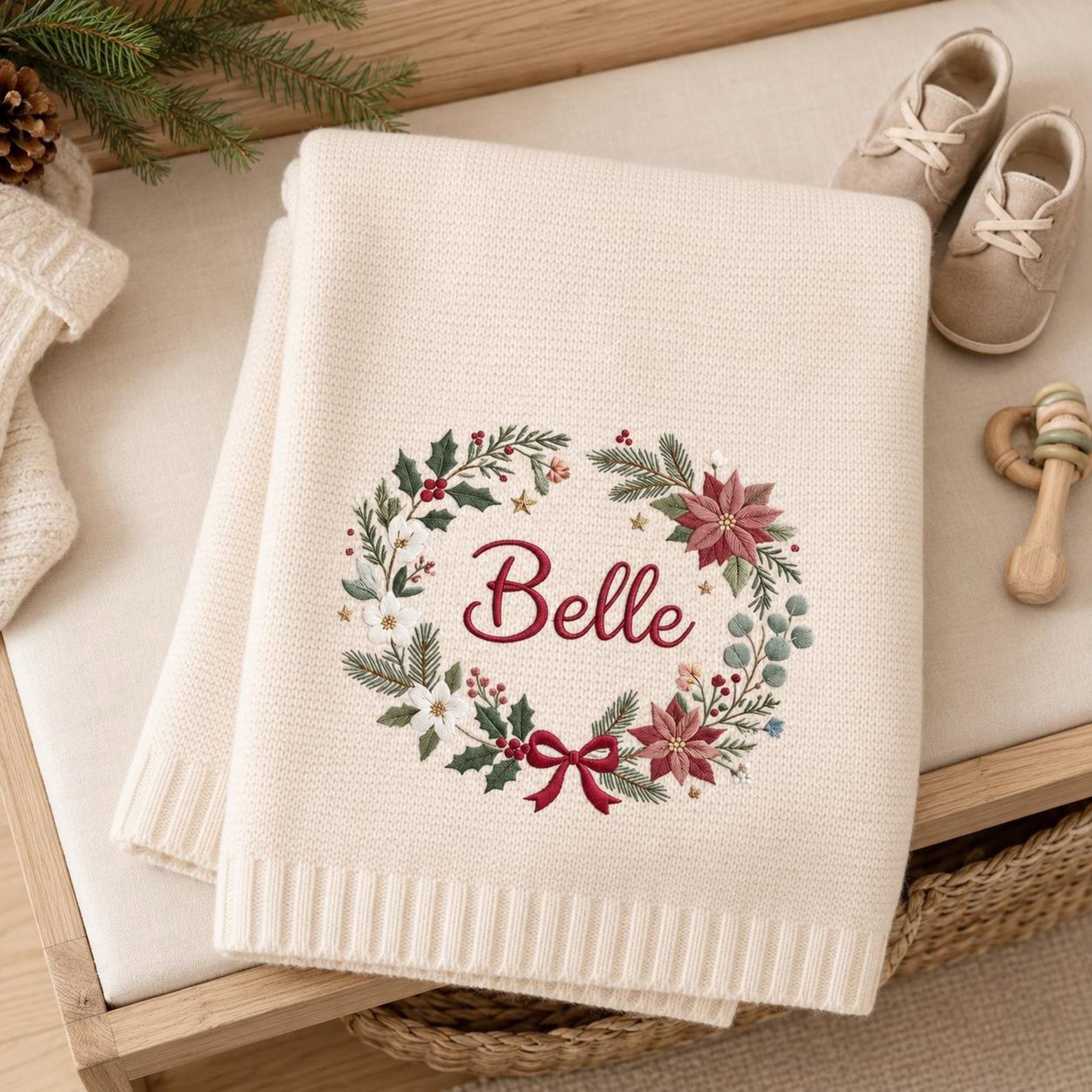 Personalized Christmas Baby Blanket, Embroidered Name Wreath Blanket, Poinsettia Holiday Keepsake, Newborn Christmas Gift, Nursery Decor 7