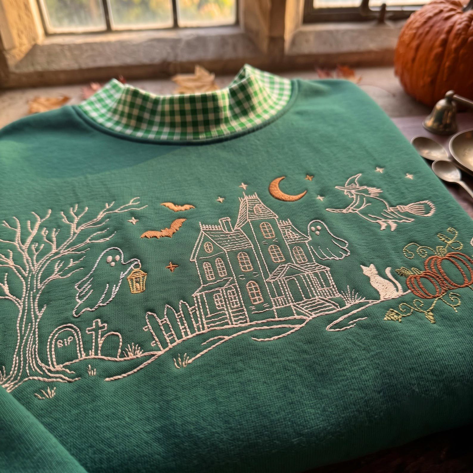 Haunted House Embroidered Gingham Mock Neck Sweatshirt, Ghost Witch Pumpkin Crewneck, Spooky Village Halloween Fall Pullover 1
