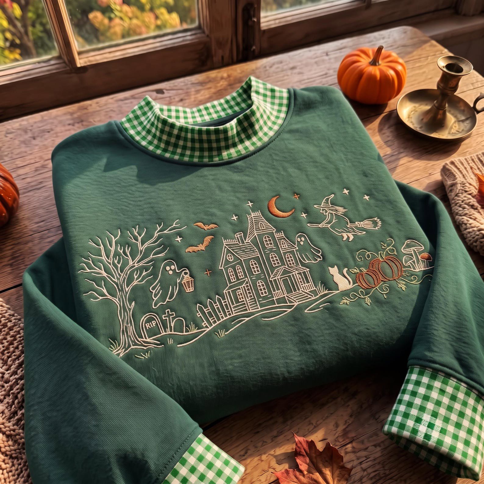 Haunted House Embroidered Gingham Mock Neck Sweatshirt, Ghost Witch Pumpkin Crewneck, Spooky Village Halloween Fall Pullover 3