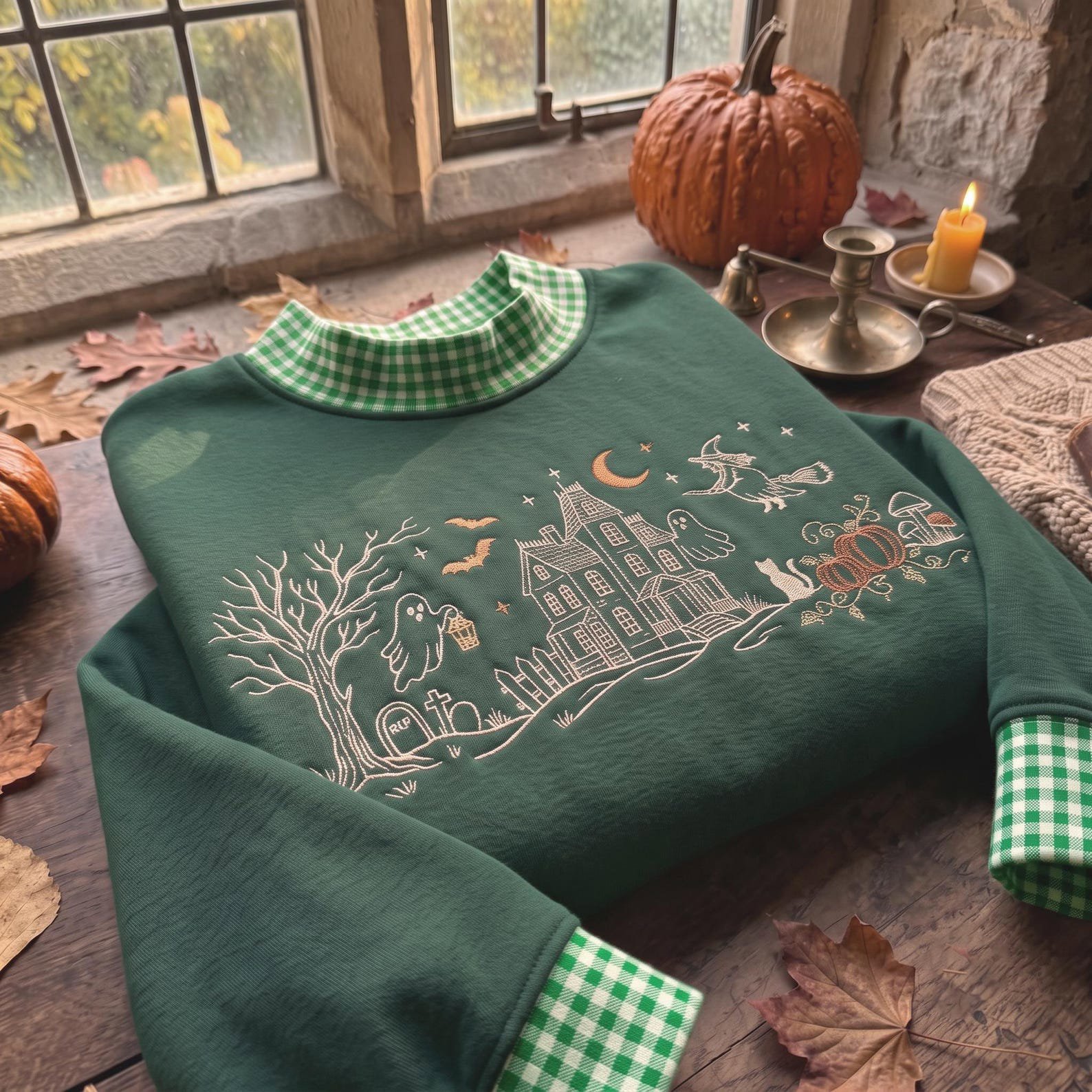 Haunted House Embroidered Gingham Mock Neck Sweatshirt, Ghost Witch Pumpkin Crewneck, Spooky Village Halloween Fall Pullover 5