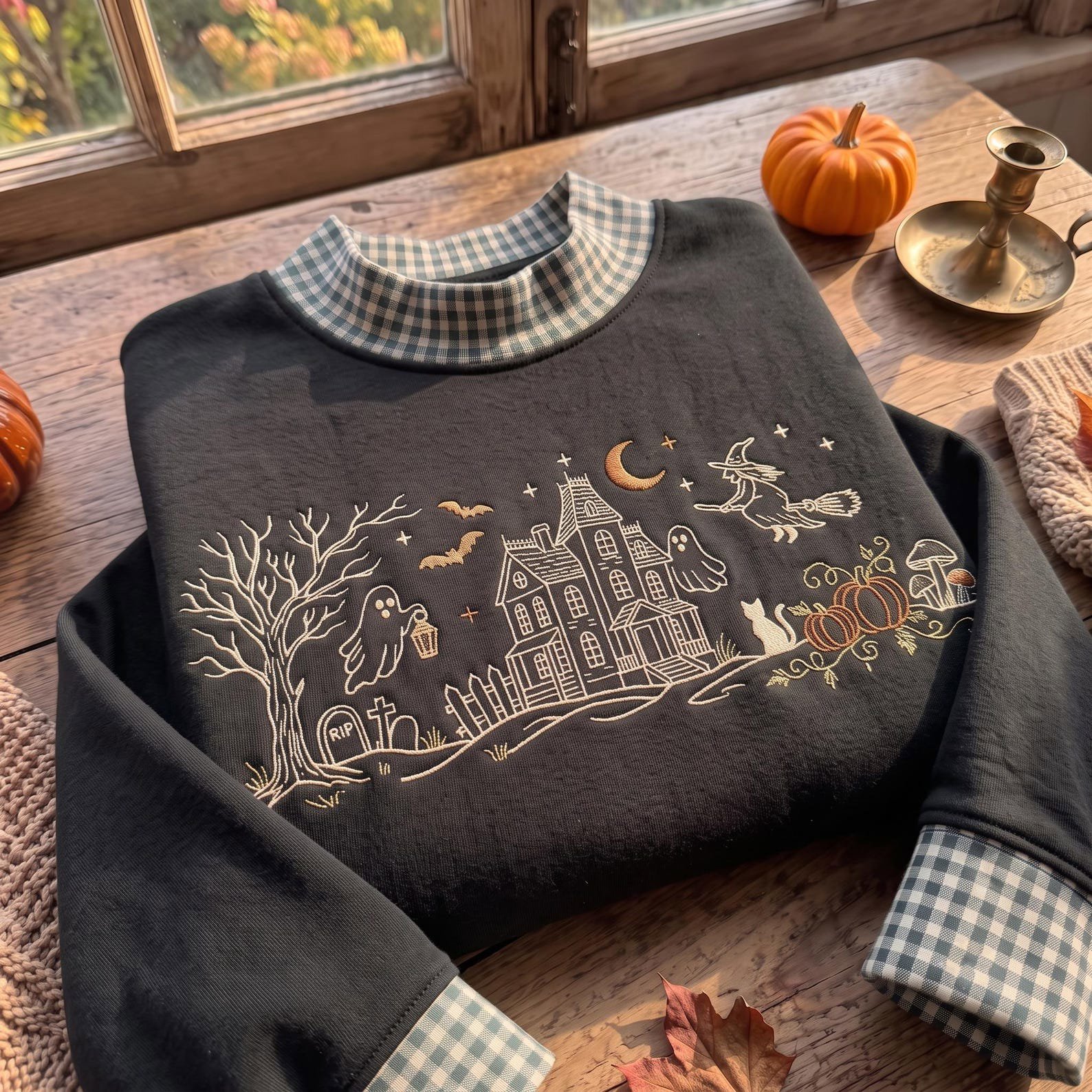 Haunted House Embroidered Gingham Mock Neck Sweatshirt, Ghost Witch Pumpkin Crewneck, Spooky Village Halloween Fall Pullover 6