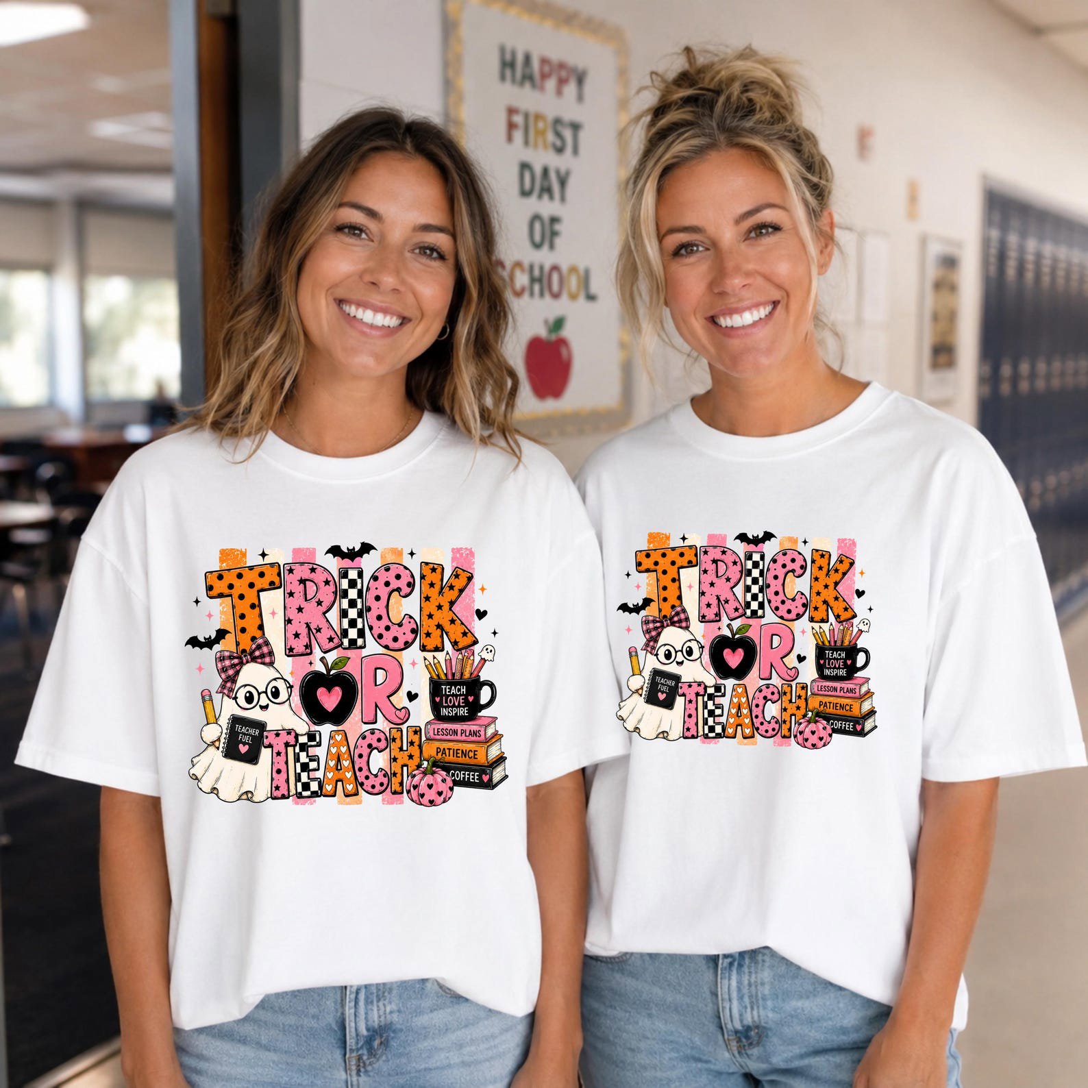 Matching Trick Or Teach Halloween Sweatshirt for Teachers , Cute Ghost School Faculty Squad Top 2