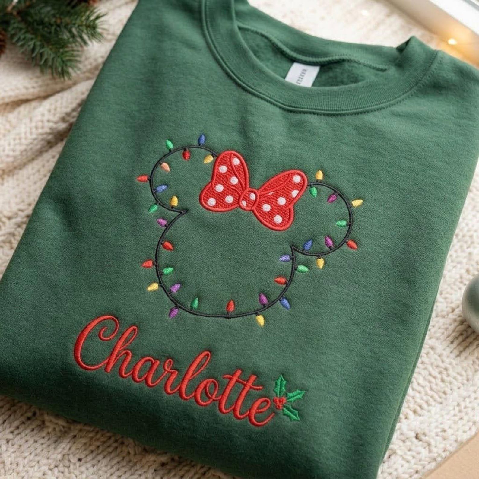 Custom Name Christmas Embroidered Sweatshirt, Mouse Bow Holiday Lights Crewneck, Personalized Christmas Theme Park Vacation Gift 2