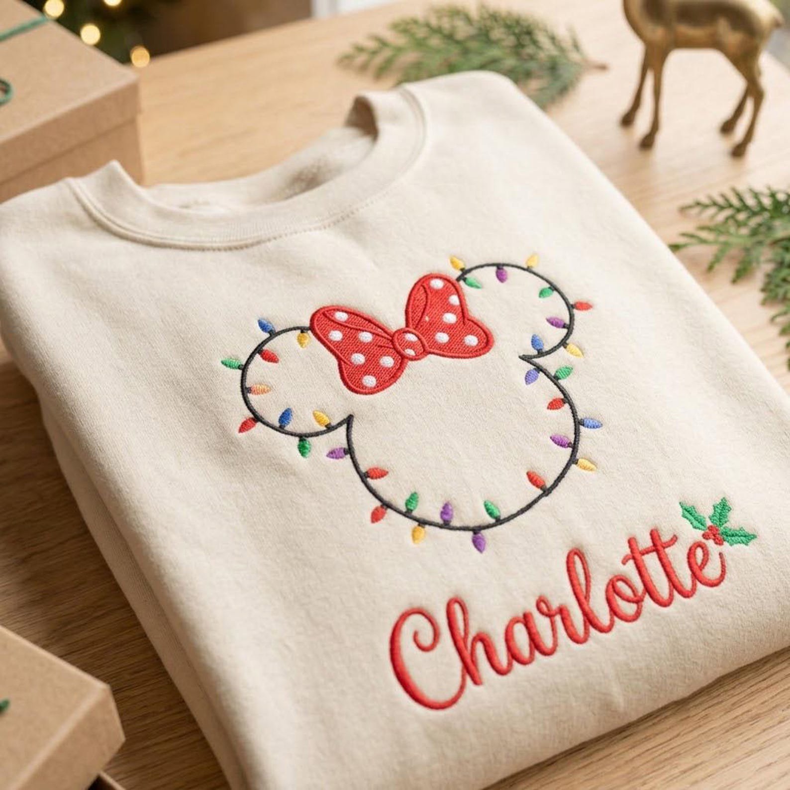 Custom Name Christmas Embroidered Sweatshirt, Mouse Bow Holiday Lights Crewneck, Personalized Christmas Theme Park Vacation Gift 1