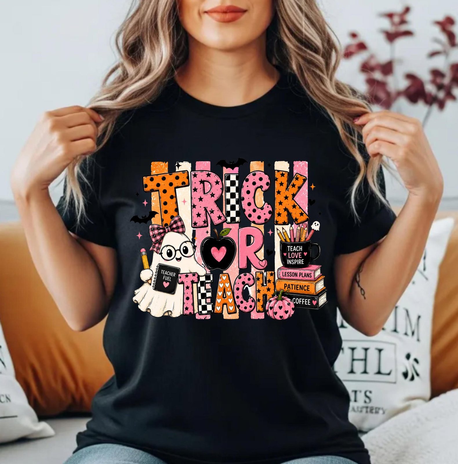 Matching Trick Or Teach Halloween Sweatshirt for Teachers , Cute Ghost School Faculty Squad Top 5