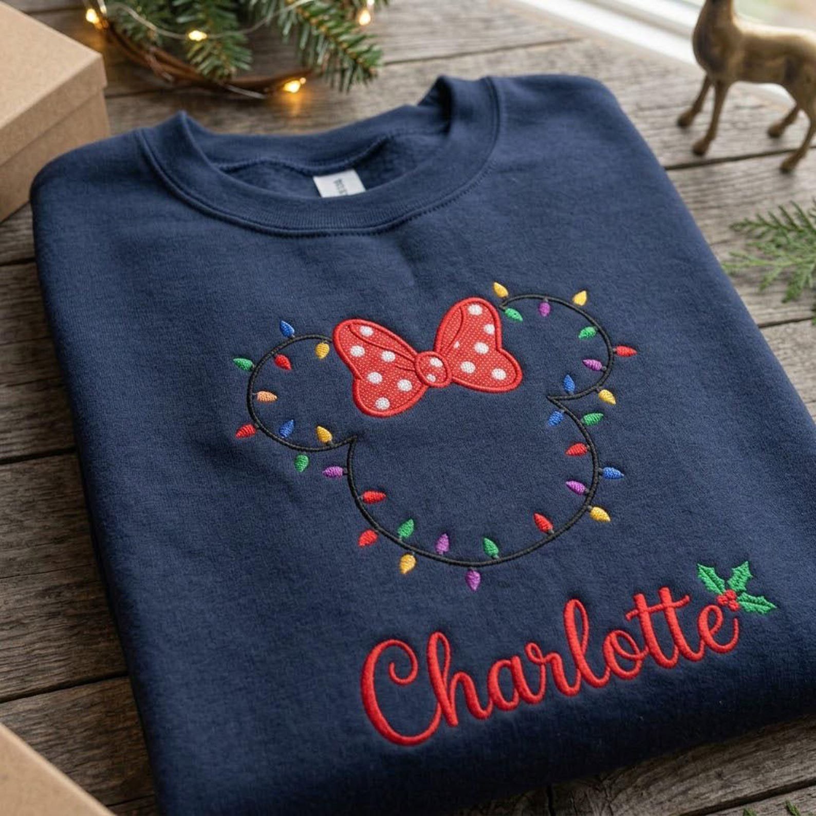 Custom Name Christmas Embroidered Sweatshirt, Mouse Bow Holiday Lights Crewneck, Personalized Christmas Theme Park Vacation Gift 3