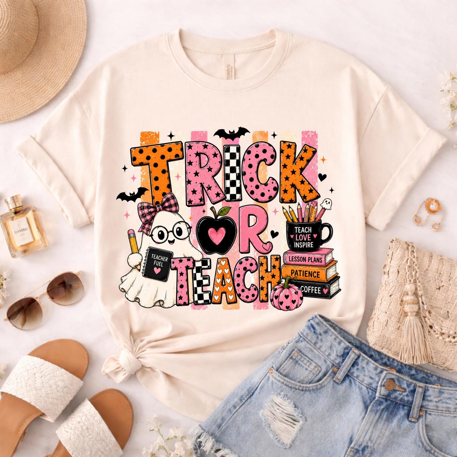 Matching Trick Or Teach Halloween Sweatshirt for Teachers , Cute Ghost School Faculty Squad Top 4