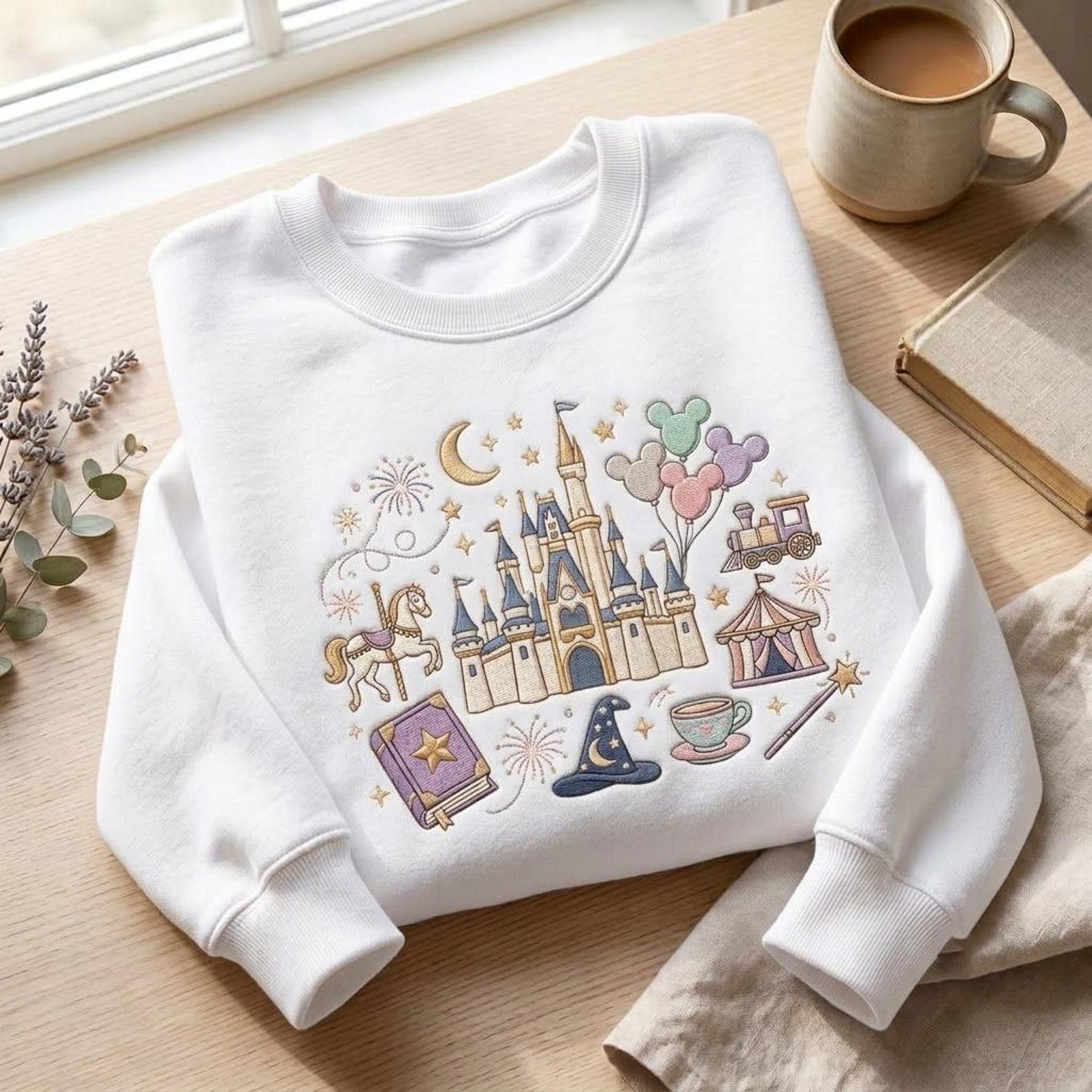 Fantasy Castle Embroidered Sweatshirt, Magical Theme Park Crewneck, Carousel Balloon Storybook Shirt, Enchanted Travel Gift 3
