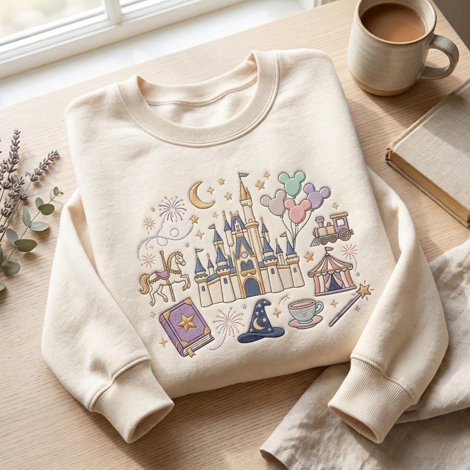Fantasy Castle Embroidered Sweatshirt, Magical Theme Park Crewneck, Carousel Balloon Storybook Shirt, Enchanted Travel Gift 2
