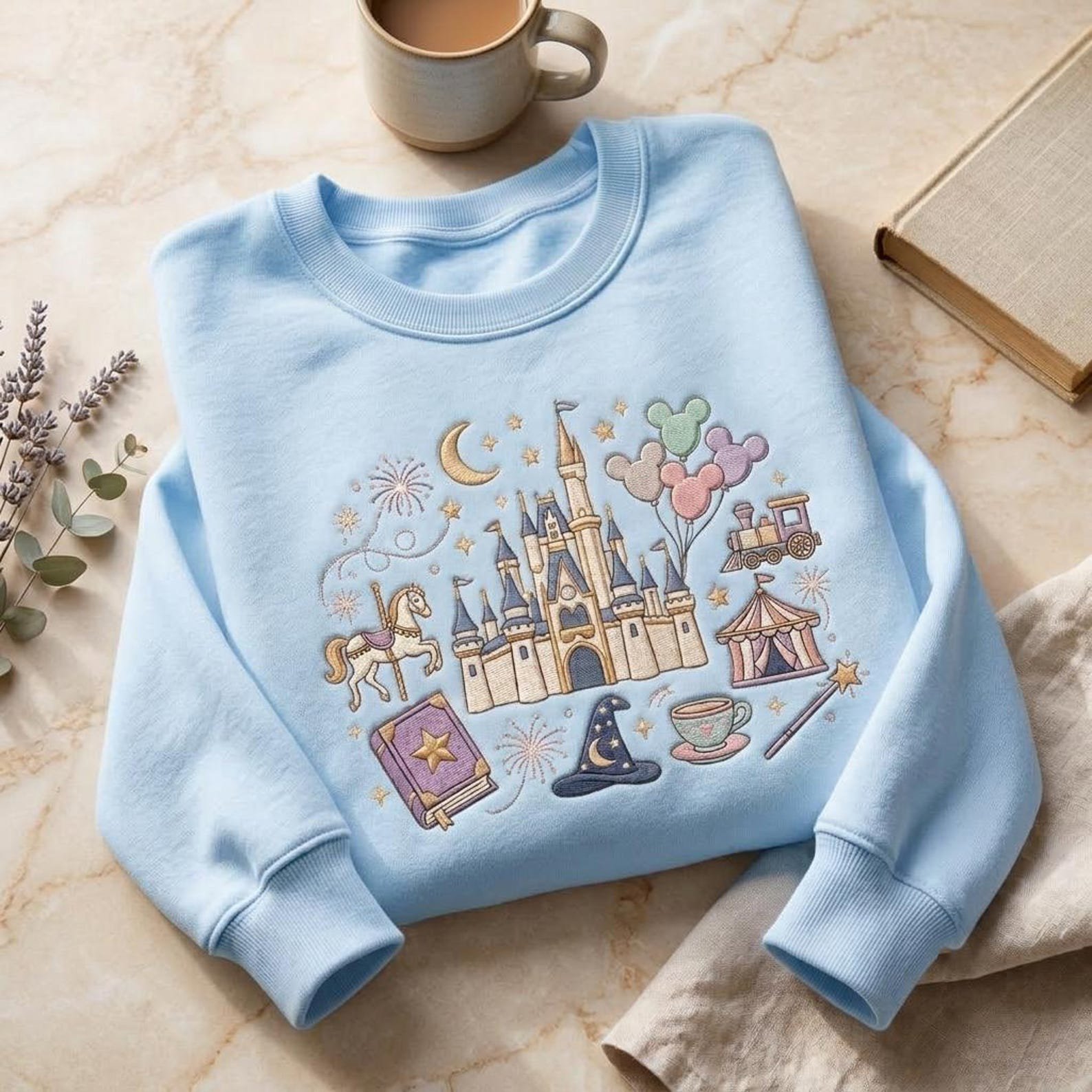 Fantasy Castle Embroidered Sweatshirt, Magical Theme Park Crewneck, Carousel Balloon Storybook Shirt, Enchanted Travel Gift 1