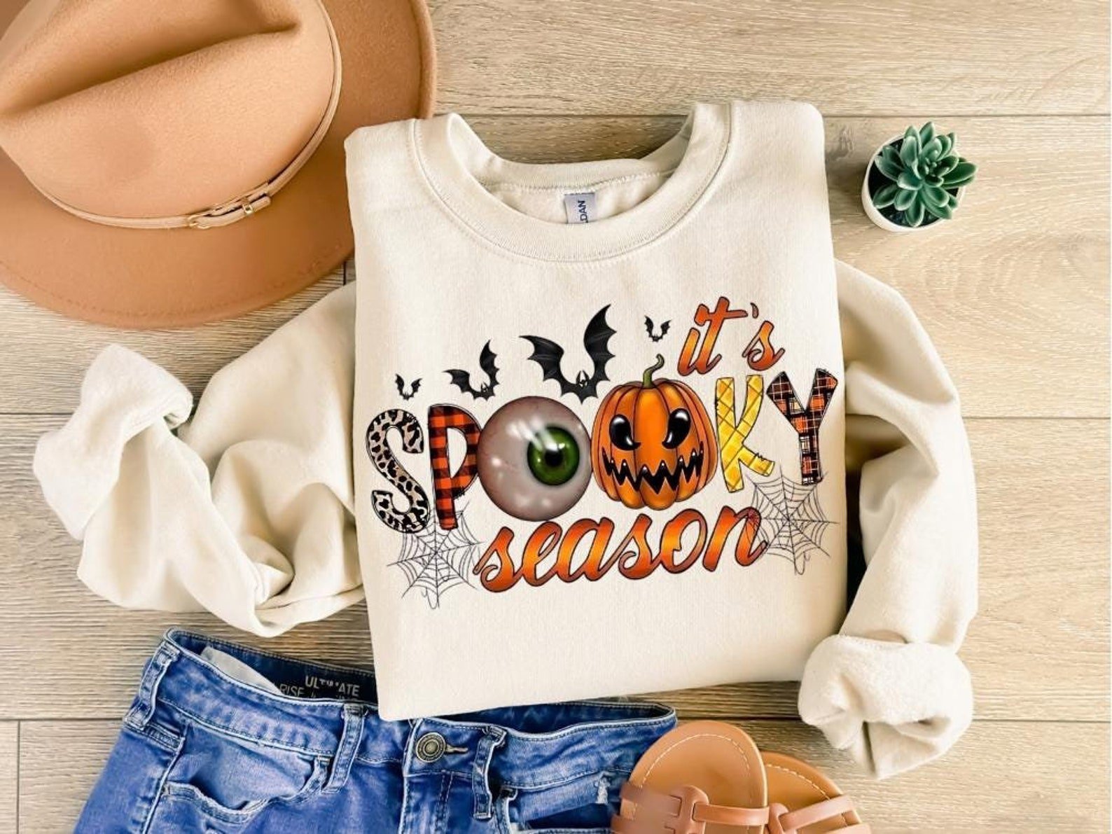 Spooky Season Halloween Sweatshirt, Jack O Lantern Pumpkin Eyeball Graphic For Autumn Festival Outfit 1