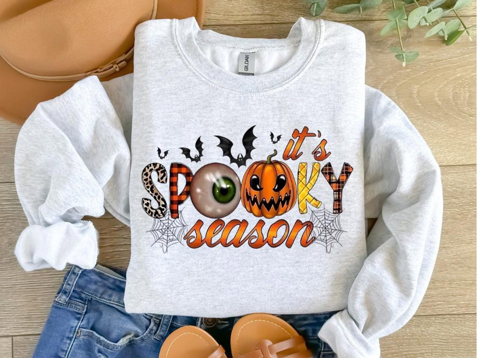 Spooky Season Halloween Sweatshirt, Jack O Lantern Pumpkin Eyeball Graphic For Autumn Festival Outfit 2