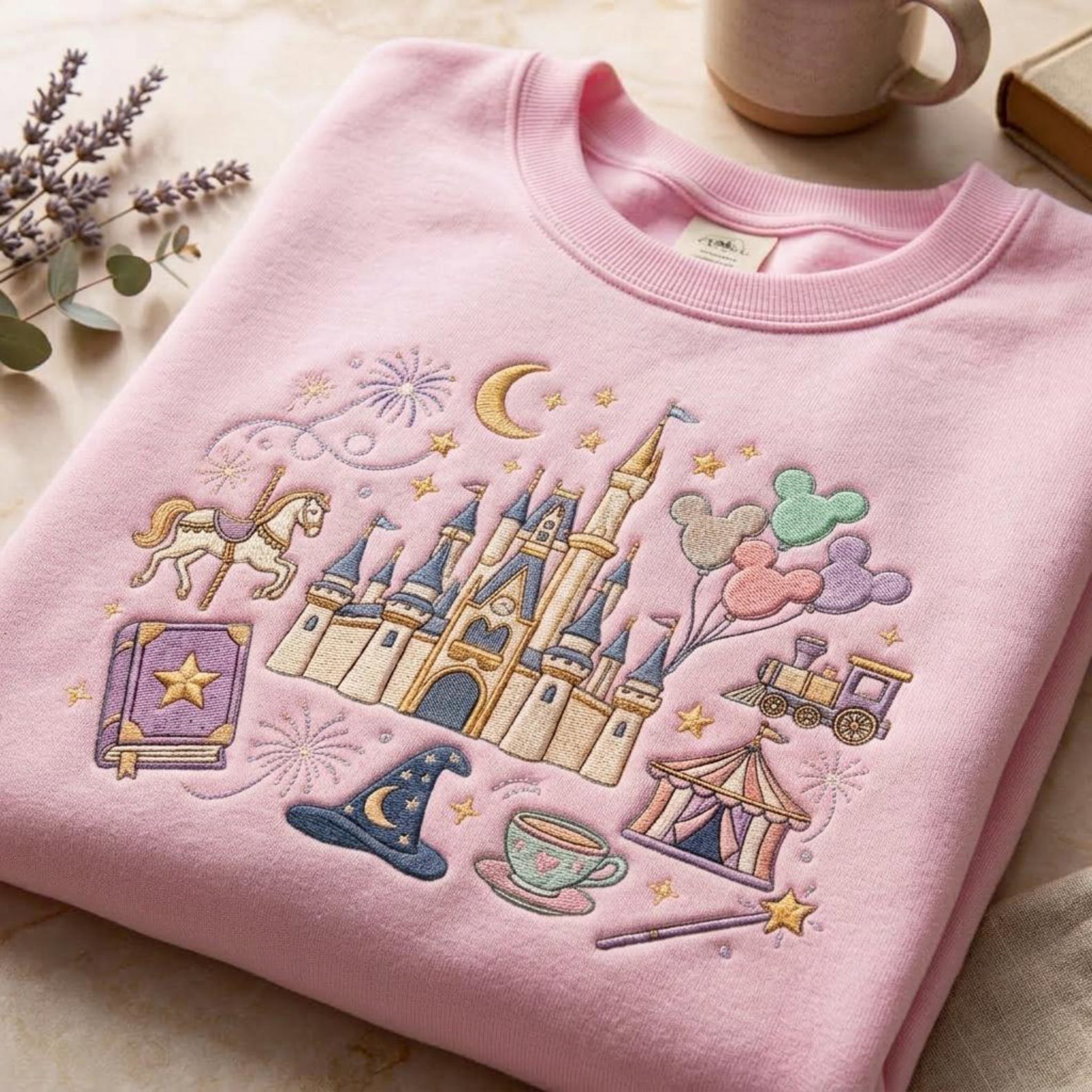 Fantasy Castle Embroidered Sweatshirt, Magical Theme Park Crewneck, Carousel Balloon Storybook Shirt, Enchanted Travel Gift 4