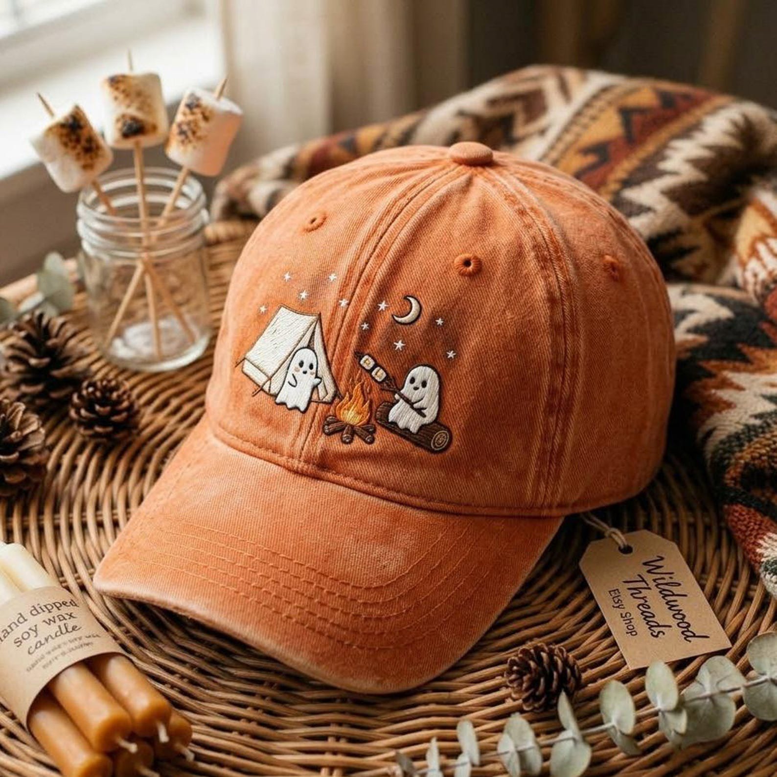 Cute Ghost Campfire Embroidered Baseball Cap, Halloween Camping Hat, Spooky Dad Cap 3