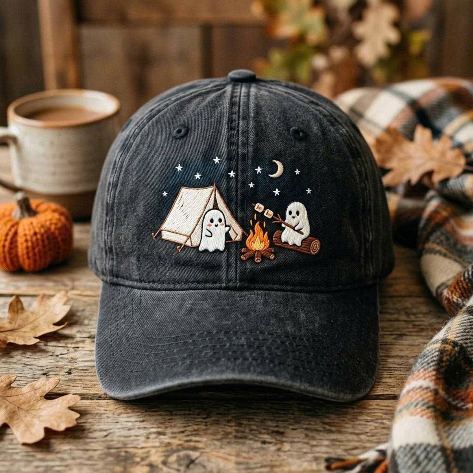 Cute Ghost Campfire Embroidered Baseball Cap, Halloween Camping Hat, Spooky Dad Cap 1