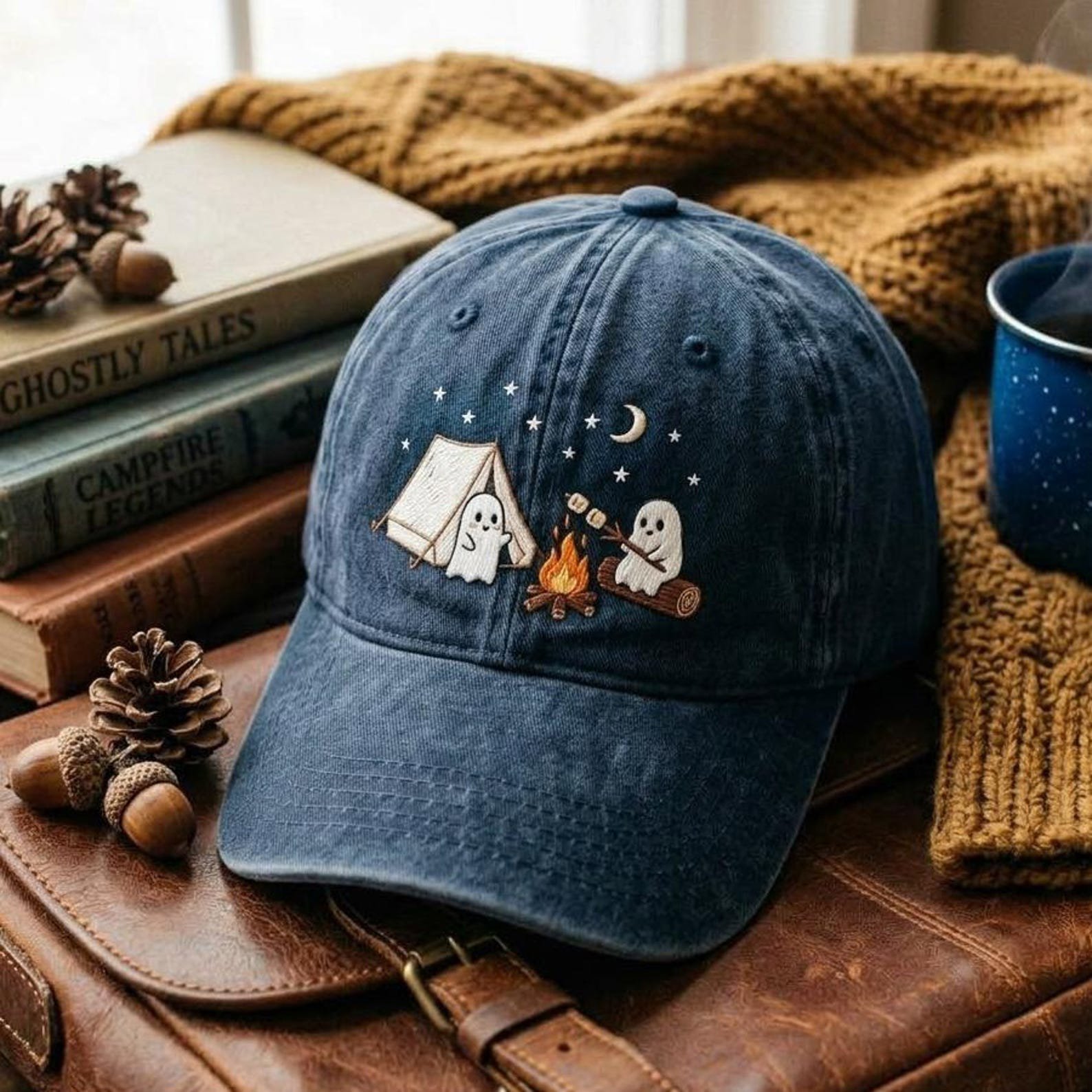 Cute Ghost Campfire Embroidered Baseball Cap, Halloween Camping Hat, Spooky Dad Cap 2