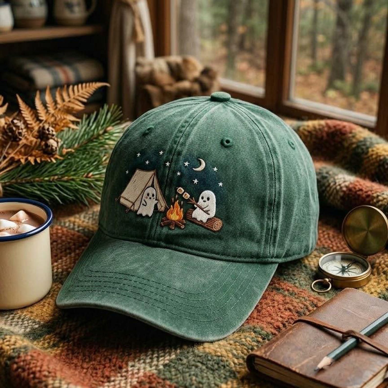 Cute Ghost Campfire Embroidered Baseball Cap, Halloween Camping Hat, Spooky Dad Cap 4