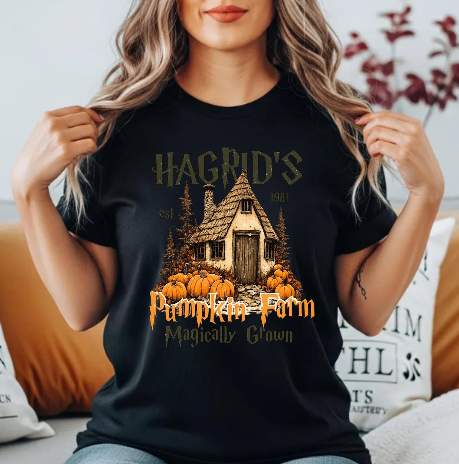 Magical Cottage Pumpkin Farm Shirt ,Vintage Hut Graphic For Family Matching Halloween Outfit 7
