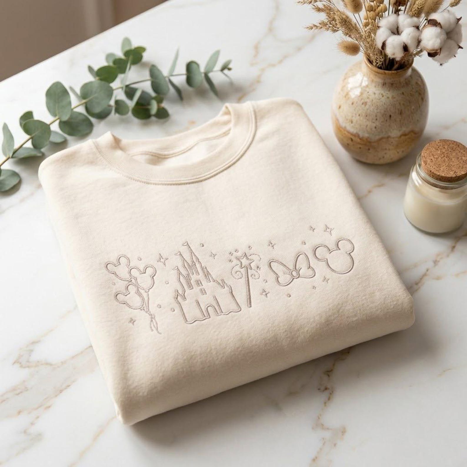 Magic Park Embroidered Sweatshirt, Minimal Castle Outline Crewneck with Mouse Balloons Bow and Fairy Wand, Vacation Gift Idea 1