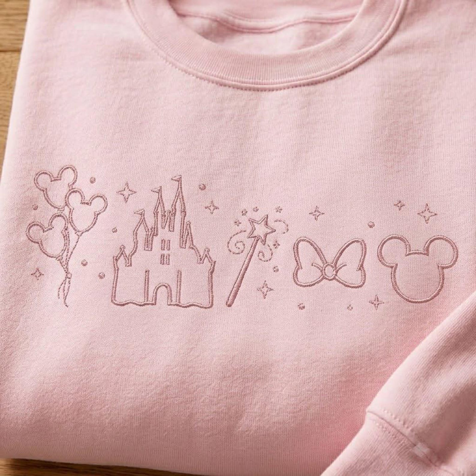 Magic Park Embroidered Sweatshirt, Minimal Castle Outline Crewneck with Mouse Balloons Bow and Fairy Wand, Vacation Gift Idea 2