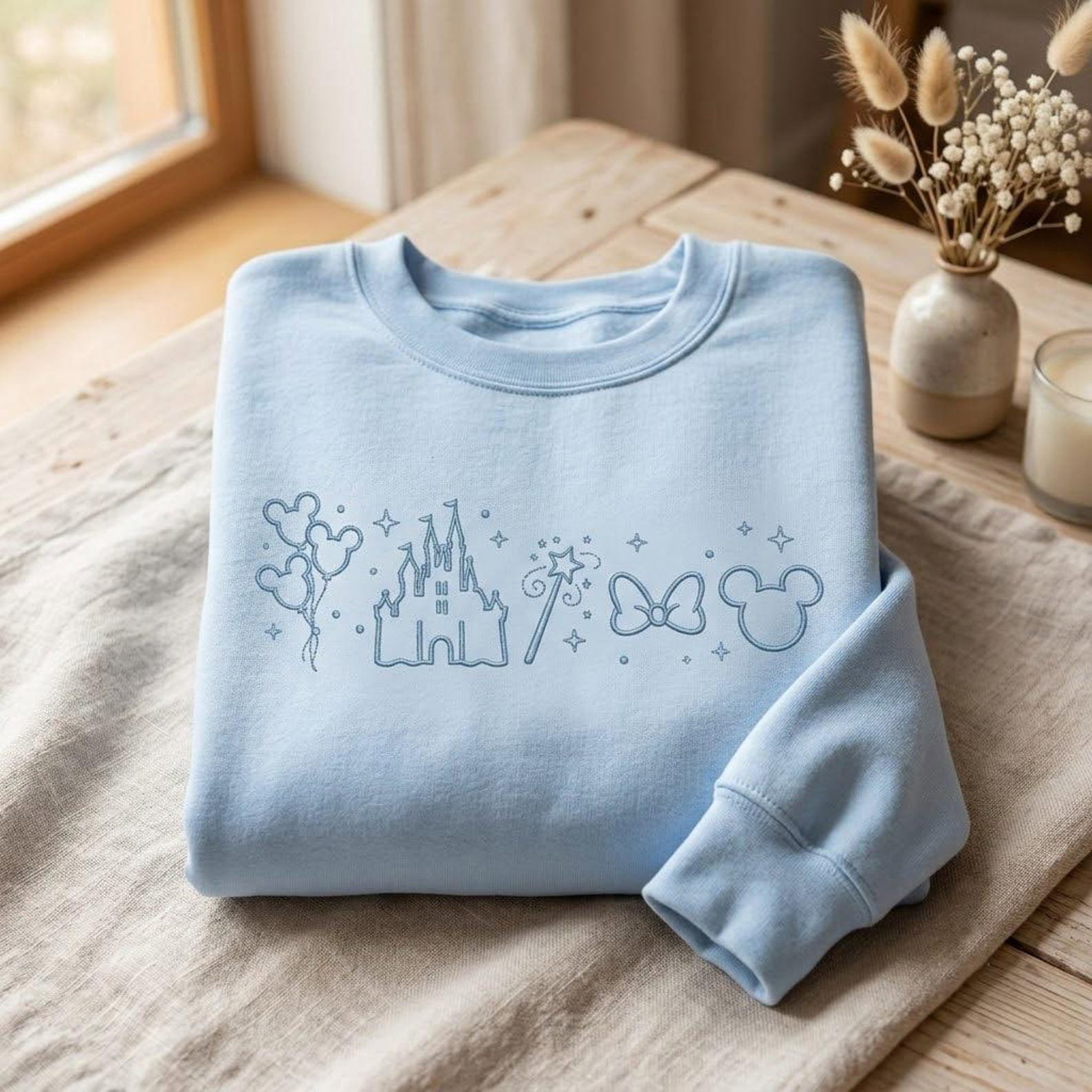 Magic Park Embroidered Sweatshirt, Minimal Castle Outline Crewneck with Mouse Balloons Bow and Fairy Wand, Vacation Gift Idea 3