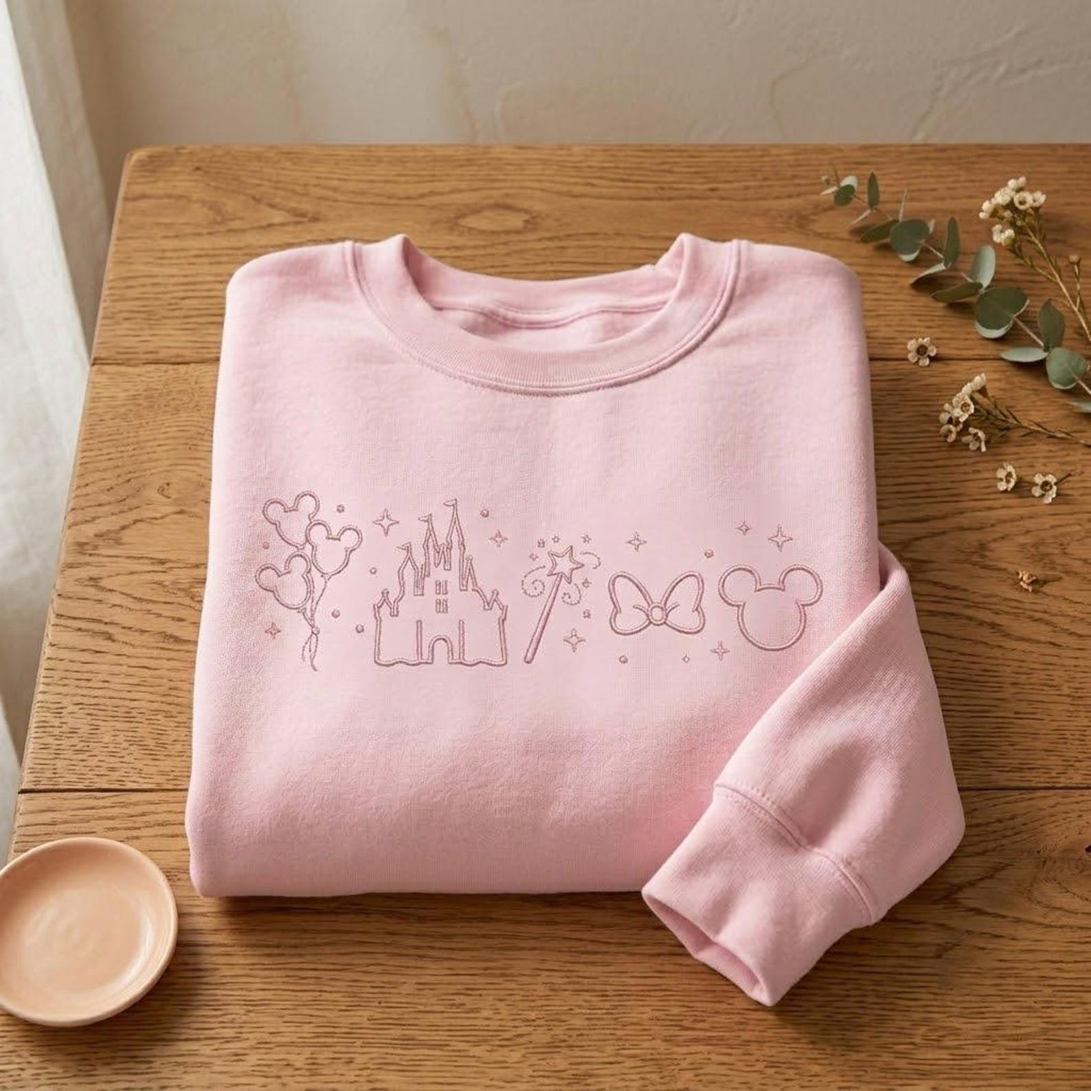 Magic Park Embroidered Sweatshirt, Minimal Castle Outline Crewneck with Mouse Balloons Bow and Fairy Wand, Vacation Gift Idea 4