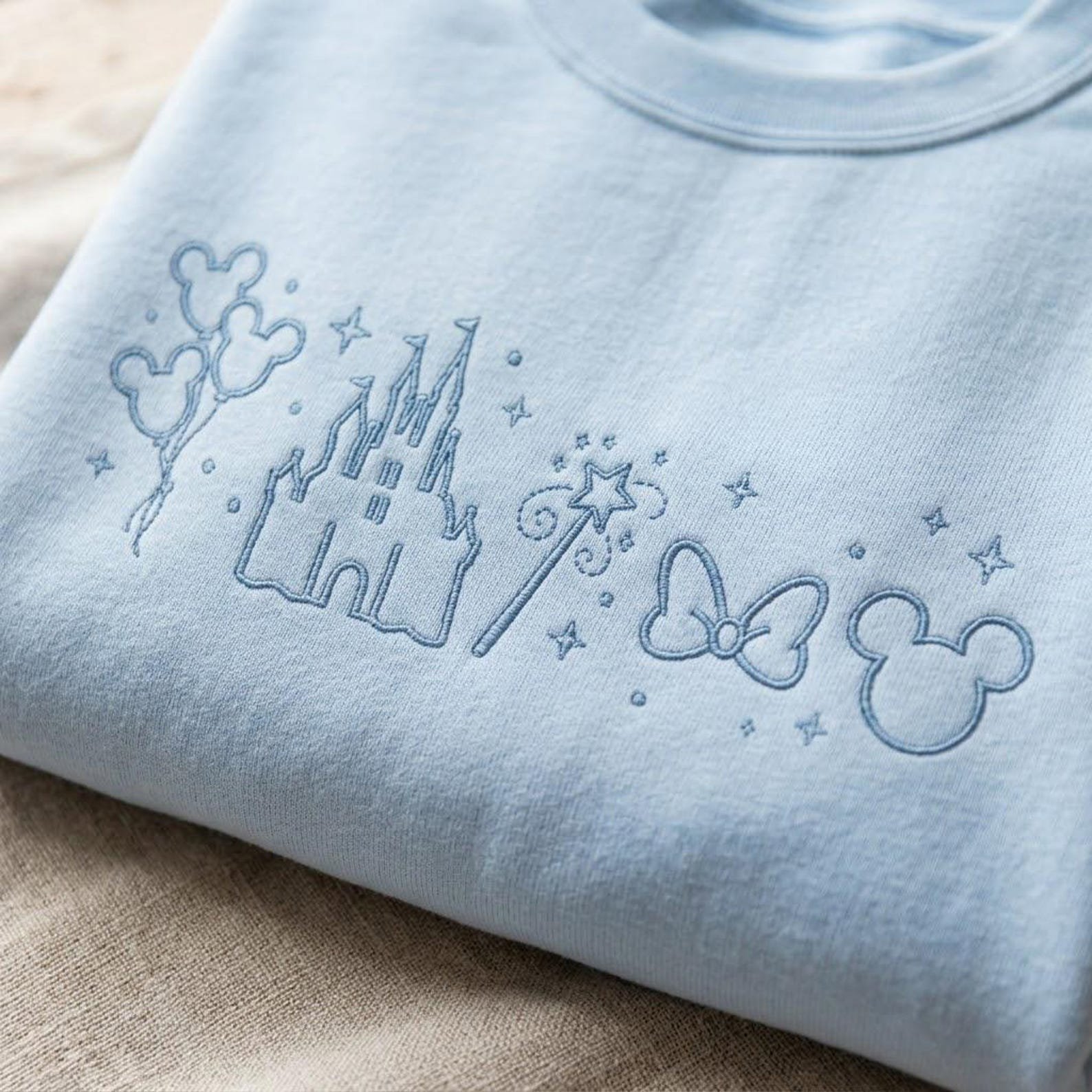 Magic Park Embroidered Sweatshirt, Minimal Castle Outline Crewneck with Mouse Balloons Bow and Fairy Wand, Vacation Gift Idea 5