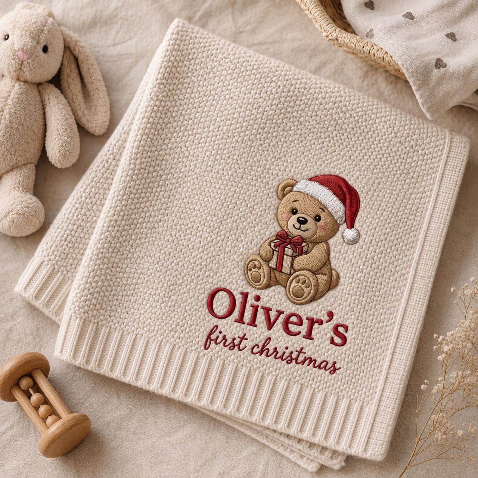 Custom Name Baby First Christmas Blanket, Embroidered Teddy Bear Baby Blanket, Custom Name Christmas Keepsake, Newborn Holiday Gift 3