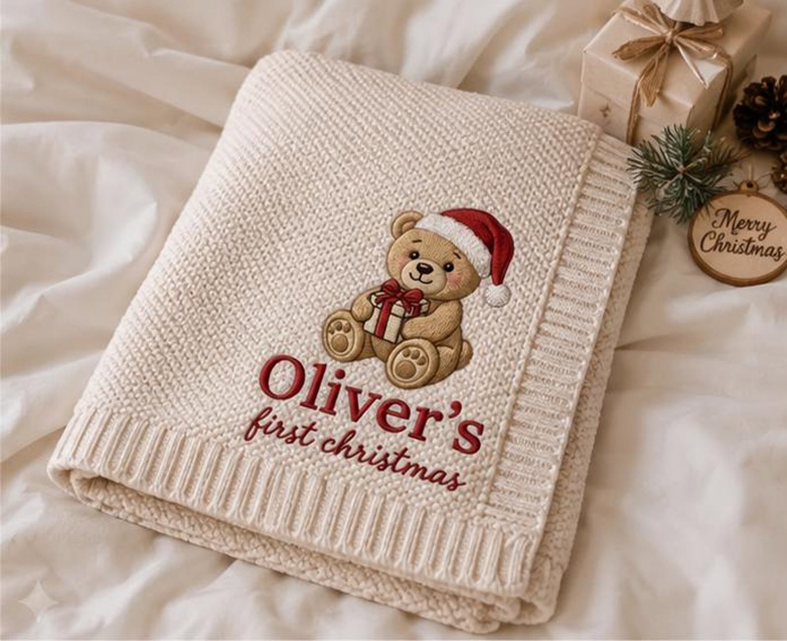 Custom Name Baby First Christmas Blanket, Embroidered Teddy Bear Baby Blanket, Custom Name Christmas Keepsake, Newborn Holiday Gift 2