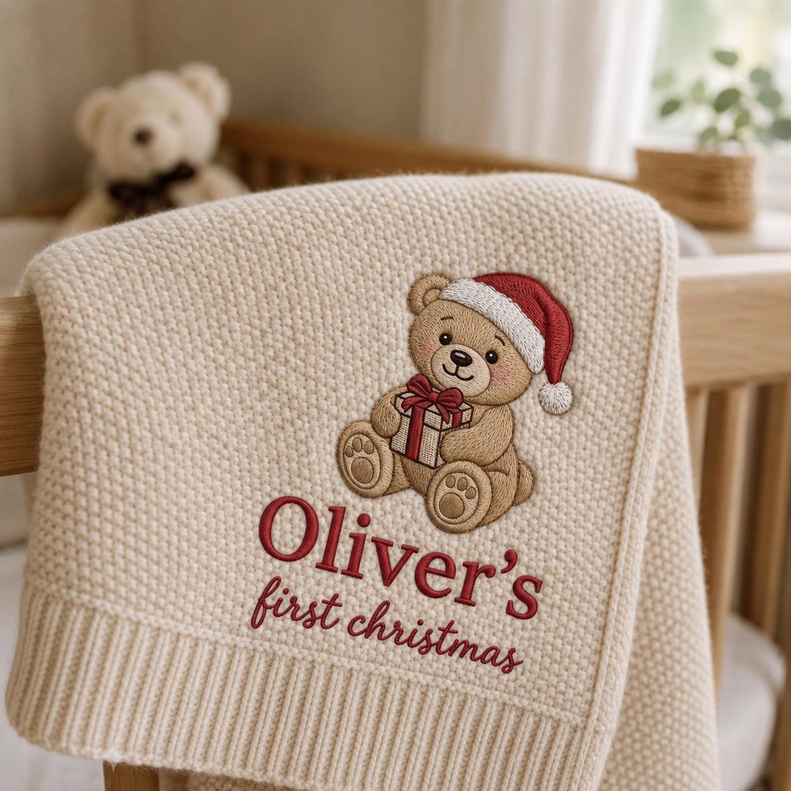 Custom Name Baby First Christmas Blanket, Embroidered Teddy Bear Baby Blanket, Custom Name Christmas Keepsake, Newborn Holiday Gift 1