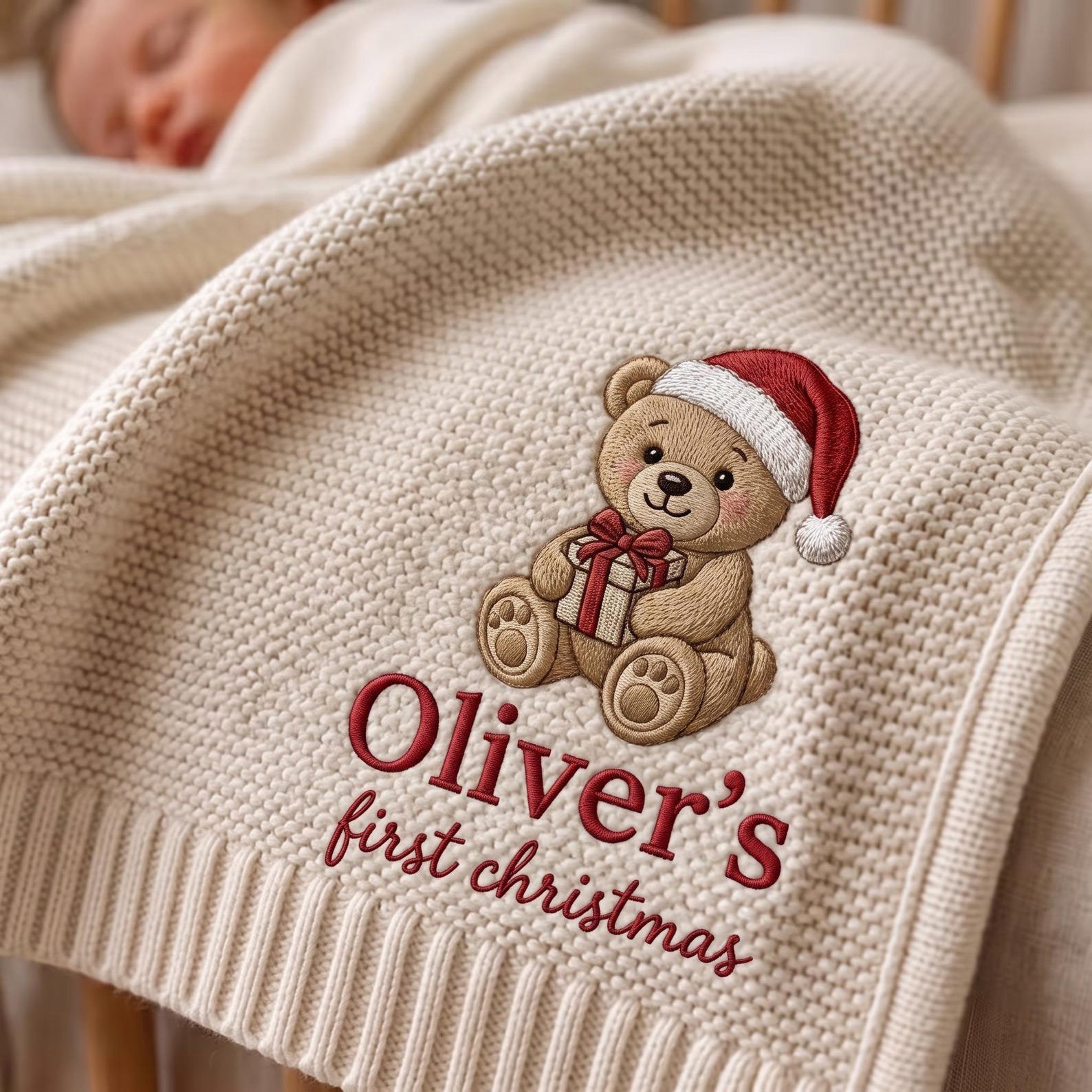 Custom Name Baby First Christmas Blanket, Embroidered Teddy Bear Baby Blanket, Custom Name Christmas Keepsake, Newborn Holiday Gift 4