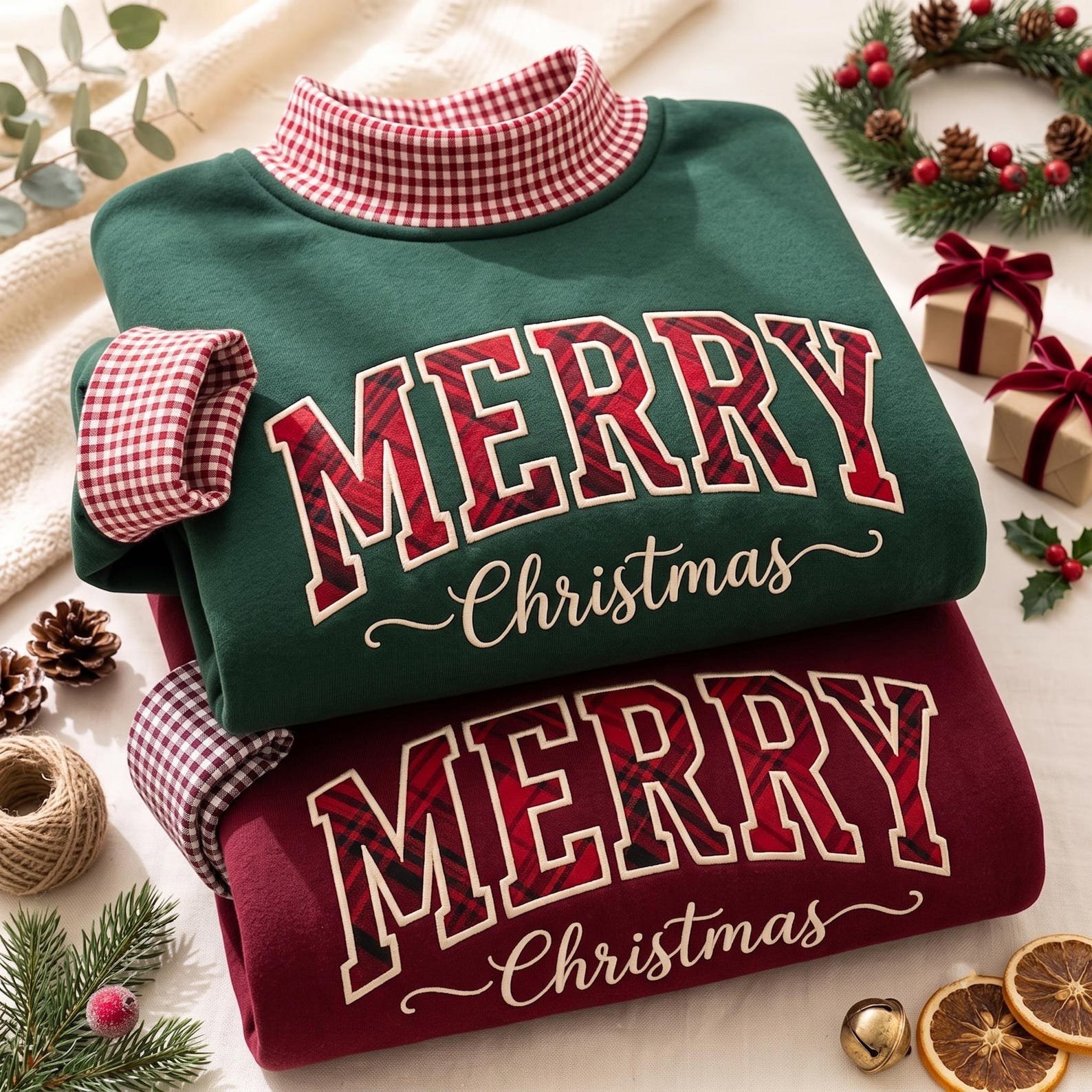 Merry Christmas Gingham Mock Neck Sweatshirt, Plaid Applique Holiday Crewneck, Festive Christmas Pullover, Cozy Winter Gift 1