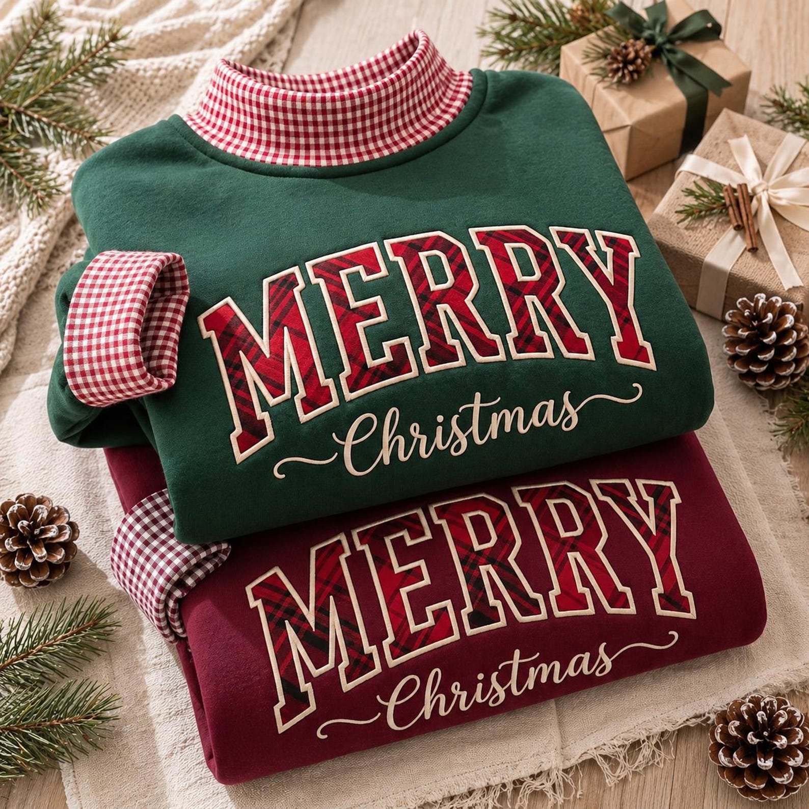 Merry Christmas Gingham Mock Neck Sweatshirt, Plaid Applique Holiday Crewneck, Festive Christmas Pullover, Cozy Winter Gift 3