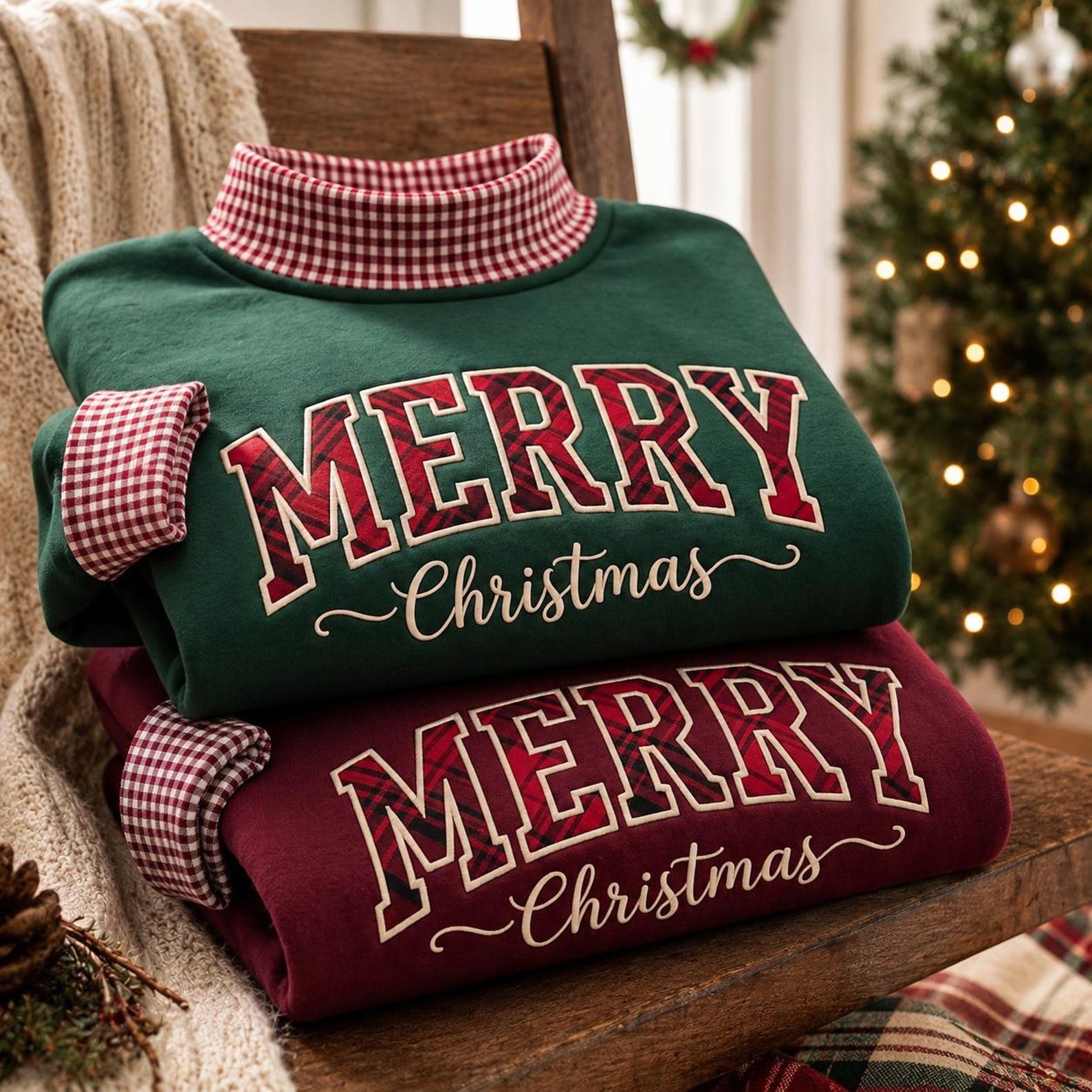 Merry Christmas Gingham Mock Neck Sweatshirt, Plaid Applique Holiday Crewneck, Festive Christmas Pullover, Cozy Winter Gift 4