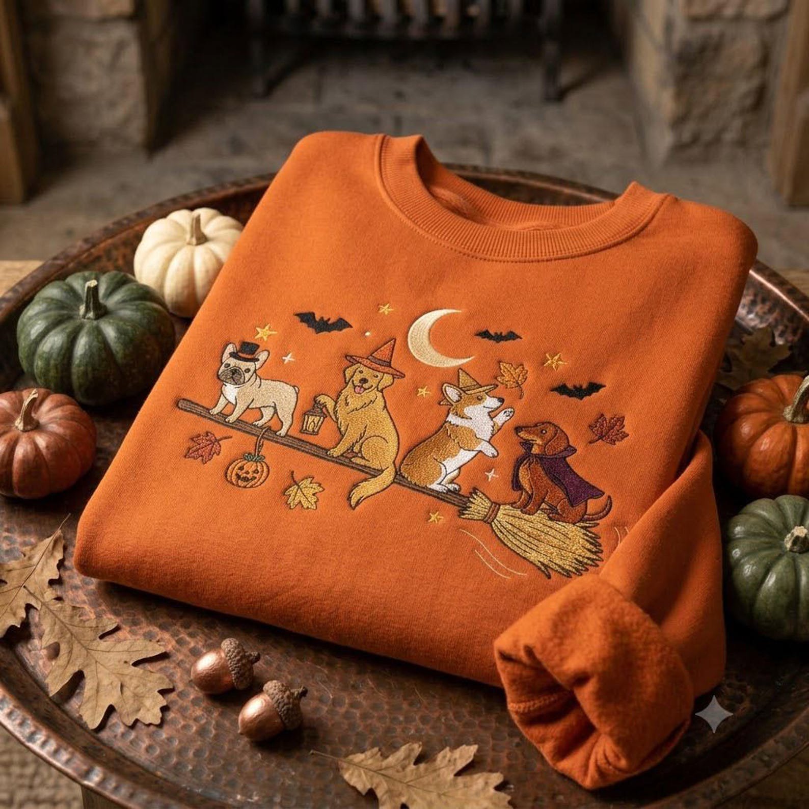Dog Halloween Sweatshirt, Embroidered Witchy Pets, Cute Spooky Season Pullover, Autumn Dog Lover Gift, Pumpkin Moon Broom Design Art 2