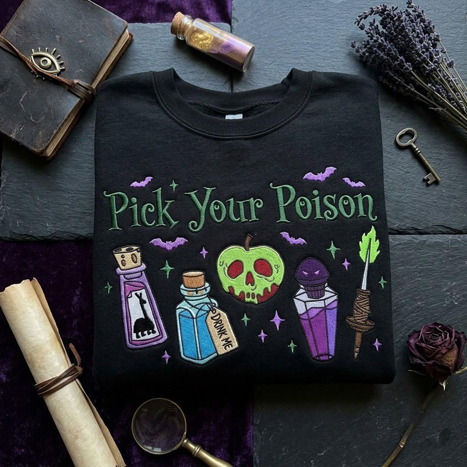 Pick Your Poison Embroidered Sweatshirt, Halloween Potion Crewneck, Witchy Embroidery Gift for Spooky Season and Gothic Fans 4