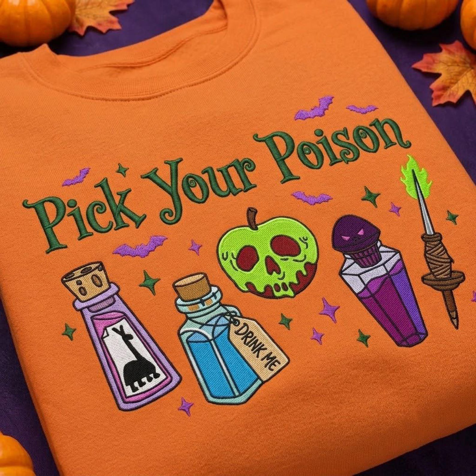 Pick Your Poison Embroidered Sweatshirt, Halloween Potion Crewneck, Witchy Embroidery Gift for Spooky Season and Gothic Fans 5
