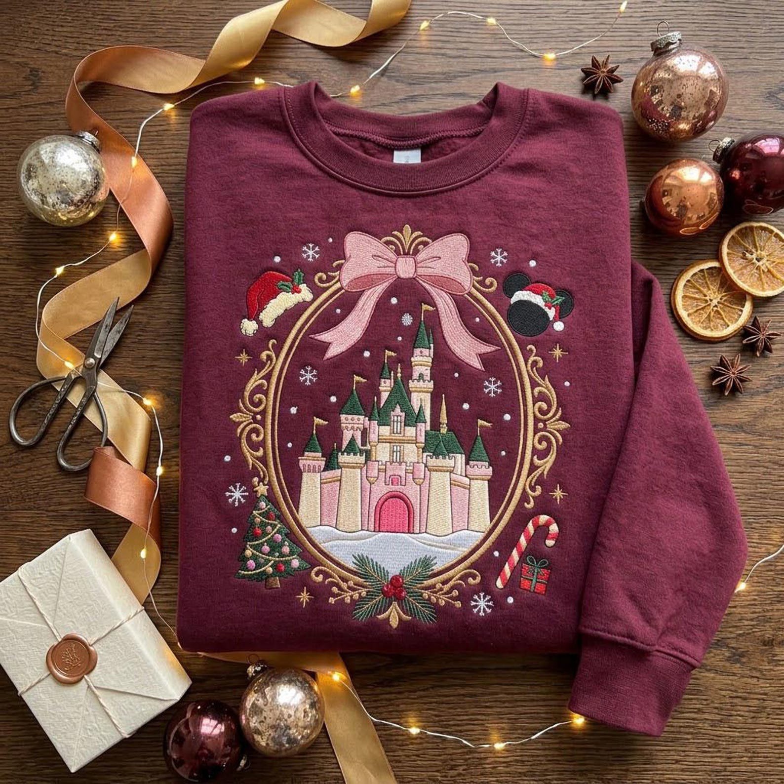 Christmas Castle Embroidered Sweatshirt, Magical Holiday Park Crewneck, Pink Bow Christmas Tree Shirt, Winter Vacation Gift 2