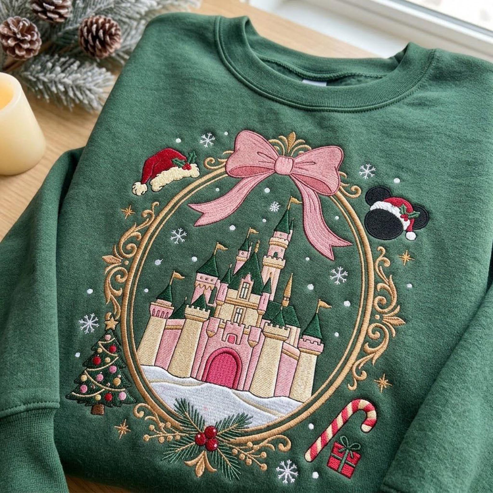 Christmas Castle Embroidered Sweatshirt, Magical Holiday Park Crewneck, Pink Bow Christmas Tree Shirt, Winter Vacation Gift 3