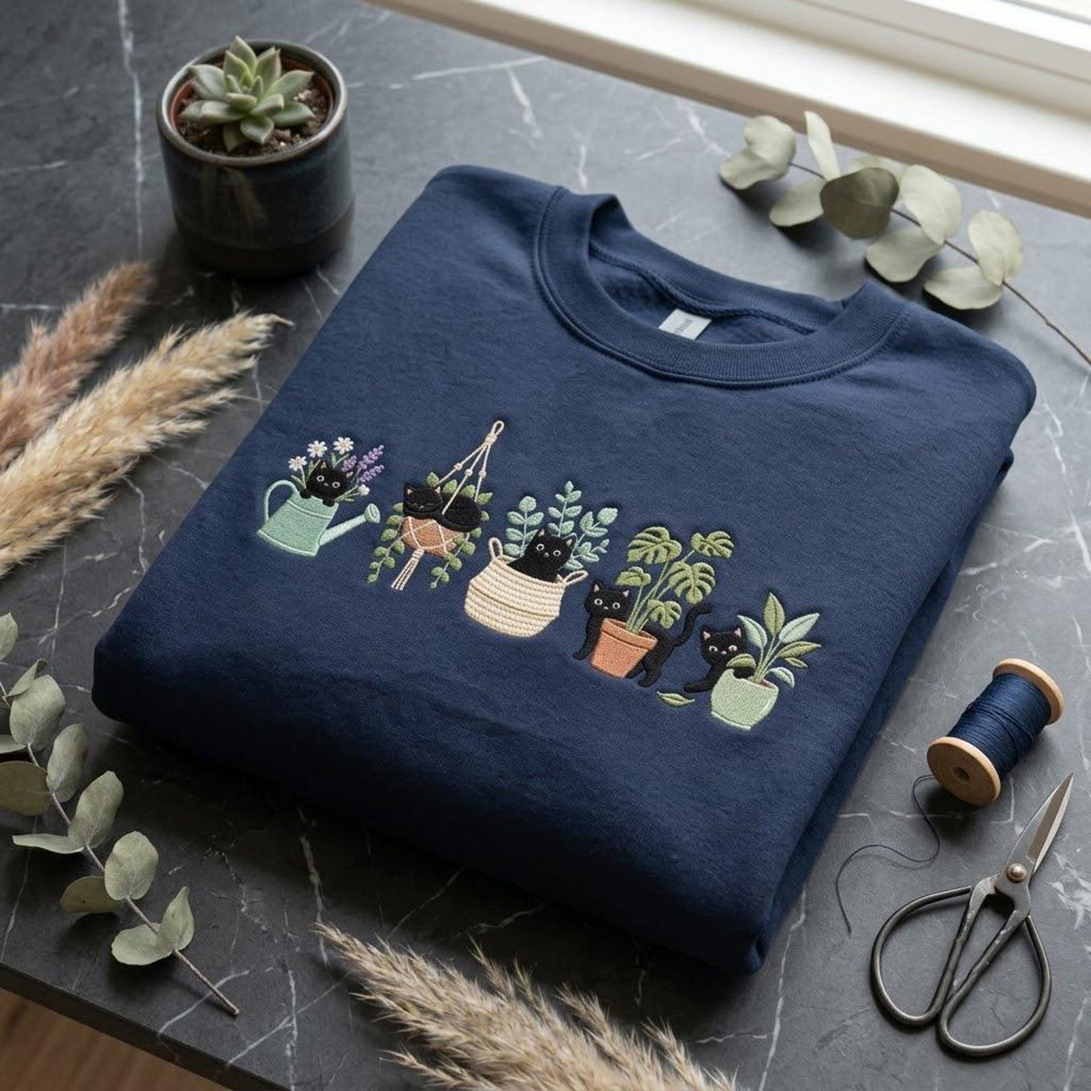 Embroidered Plant Cat Sweatshirt, Cute Black Kitty Gardening Crewneck, Houseplant Lover Pullover, Cozy Botanical Gift for Gardeners 2