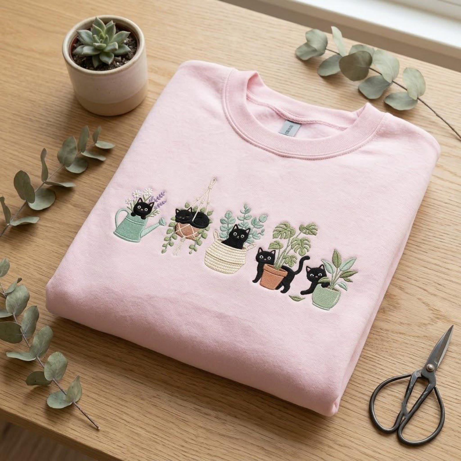 Embroidered Plant Cat Sweatshirt, Cute Black Kitty Gardening Crewneck, Houseplant Lover Pullover, Cozy Botanical Gift for Gardeners 1