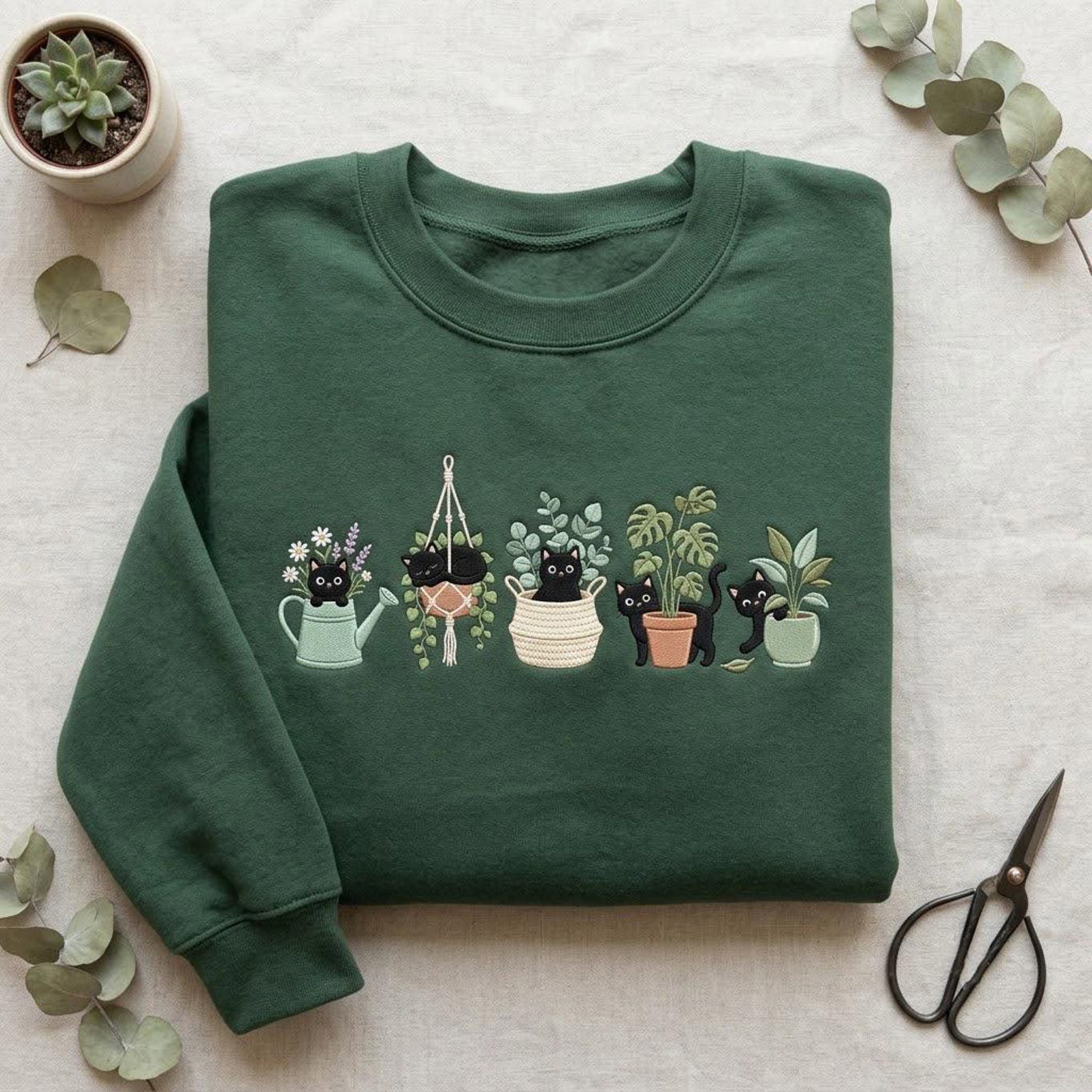 Embroidered Plant Cat Sweatshirt, Cute Black Kitty Gardening Crewneck, Houseplant Lover Pullover, Cozy Botanical Gift for Gardeners 3