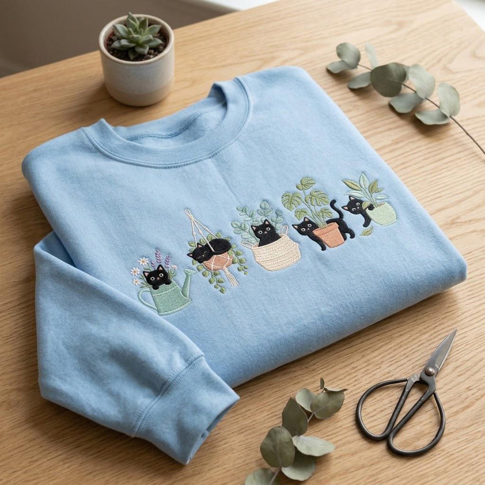 Embroidered Plant Cat Sweatshirt, Cute Black Kitty Gardening Crewneck, Houseplant Lover Pullover, Cozy Botanical Gift for Gardeners 4